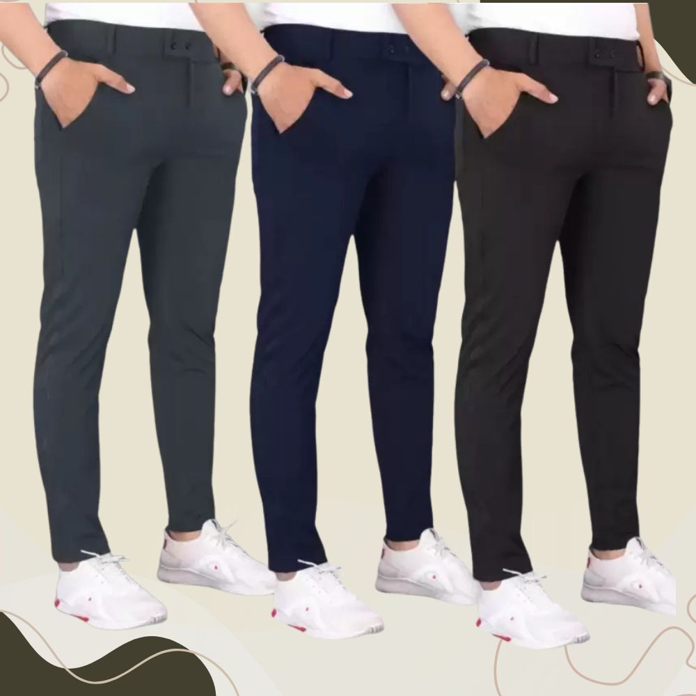 Pack of 3 Men Regular Fit Black, Blue, Green Lycra Blend Trousers-image-17