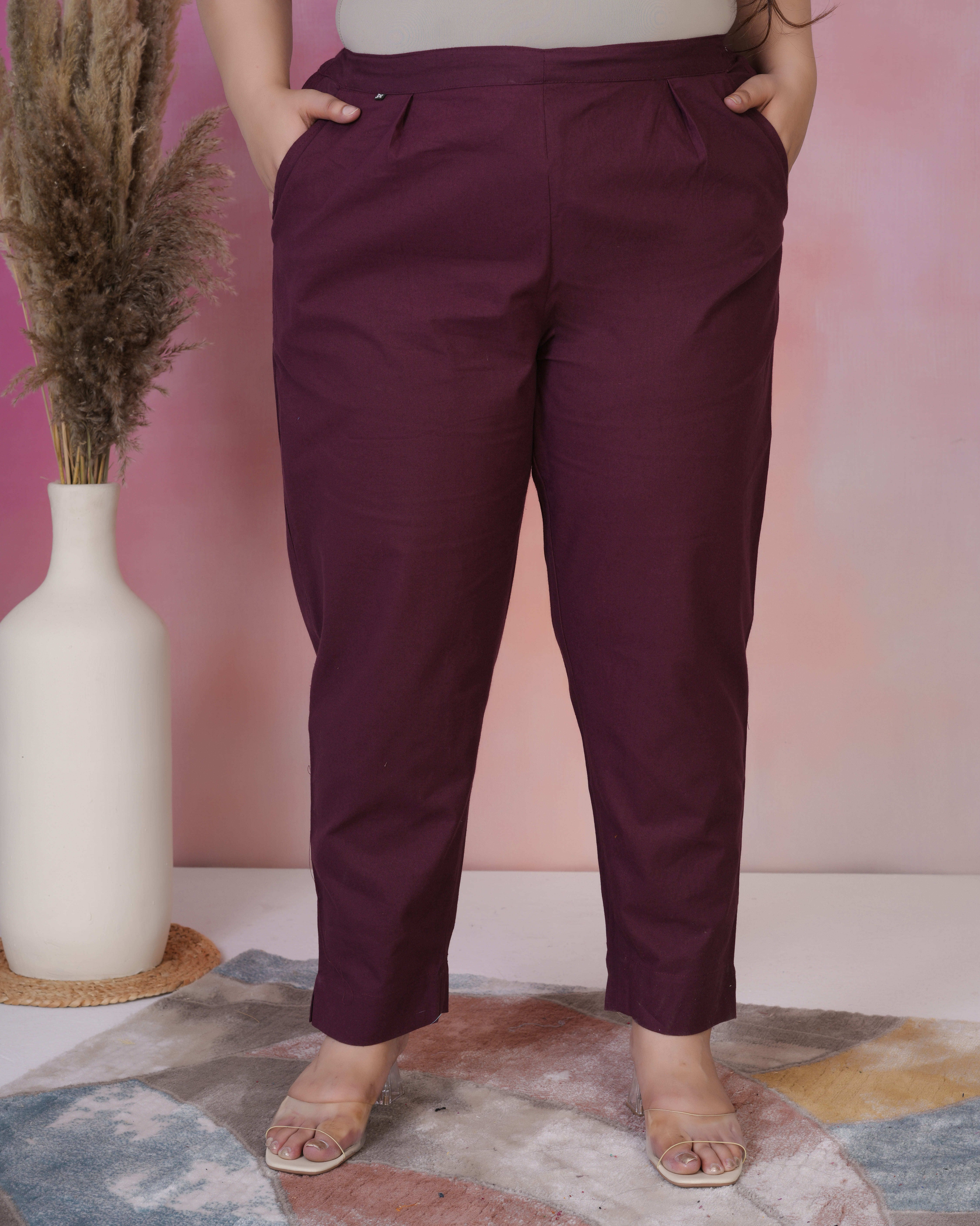 d k w Women Regular Fit Maroon Pure Cotton Trousers-picture-36