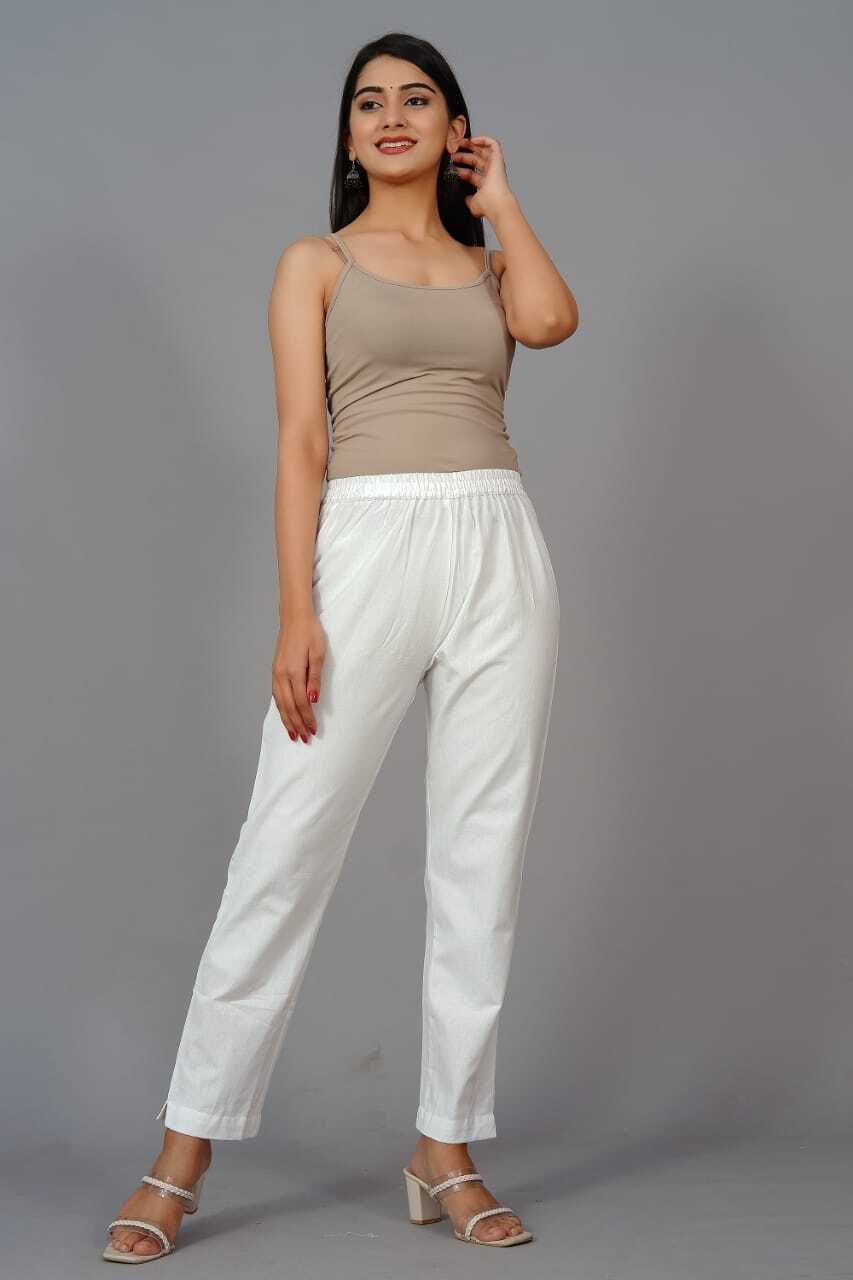 tigersnake Women Slim Fit White Cotton Blend Trousers-picture-23