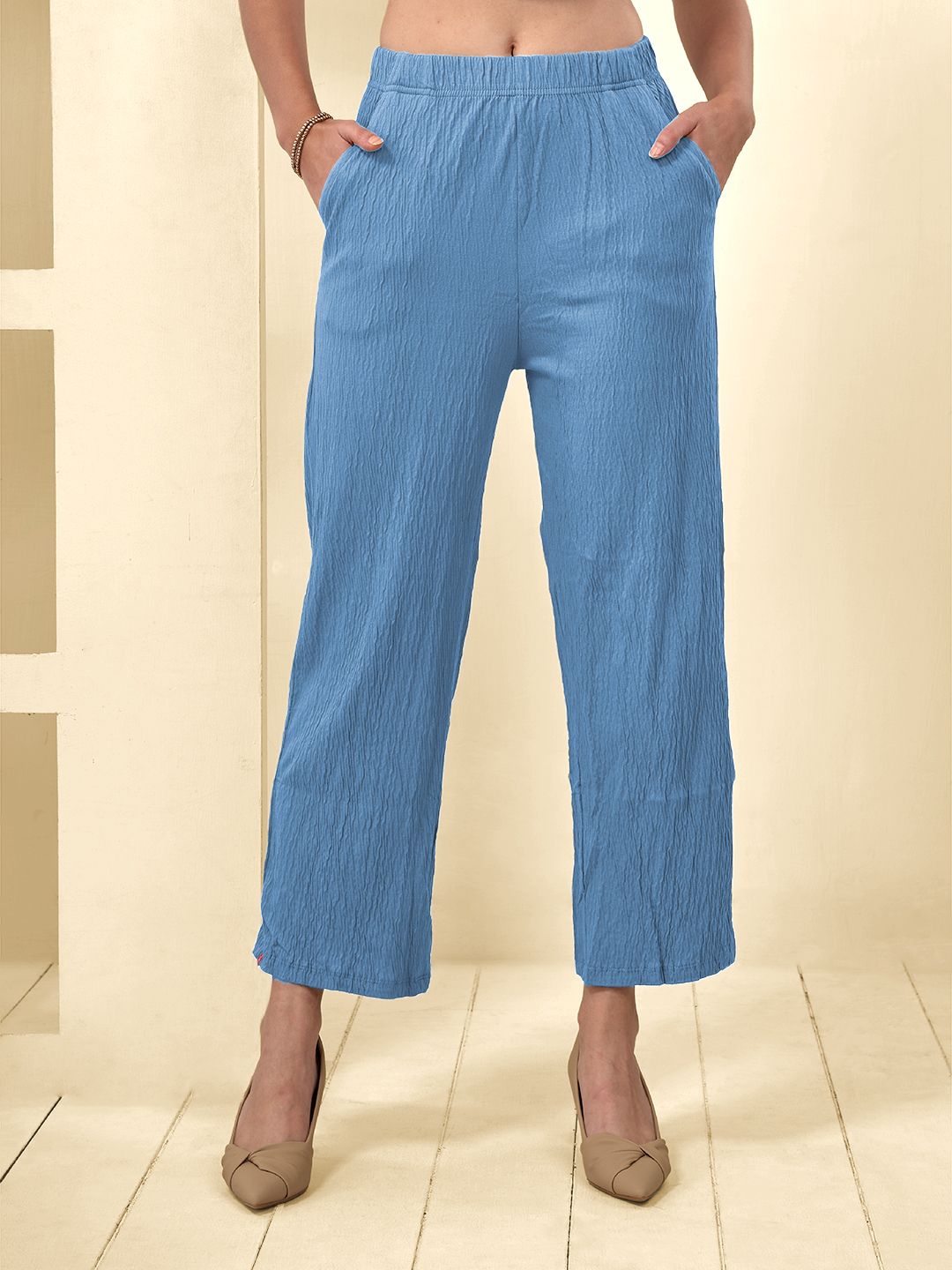 lyra Women Regular Fit Light Blue Pure Cotton Trousers-picture-42