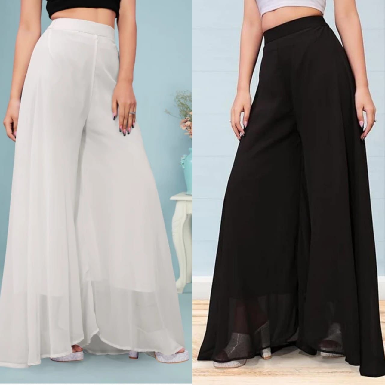 Pack of 2 Women Flared White, Black Georgette Trousers
