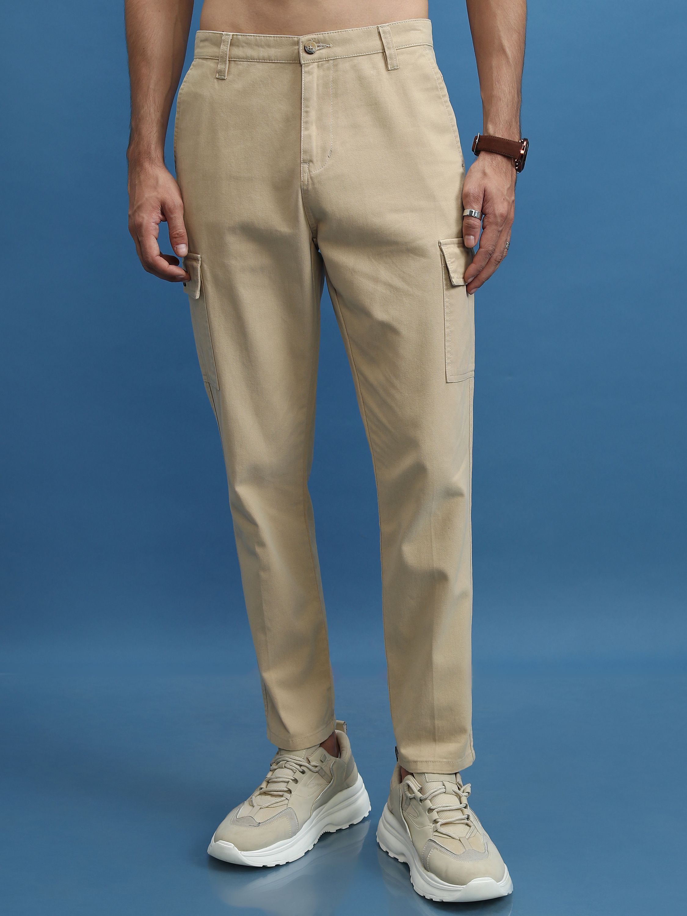highlander Men Regular Fit Beige, Beige Pure Cotton Trousers-picture-22