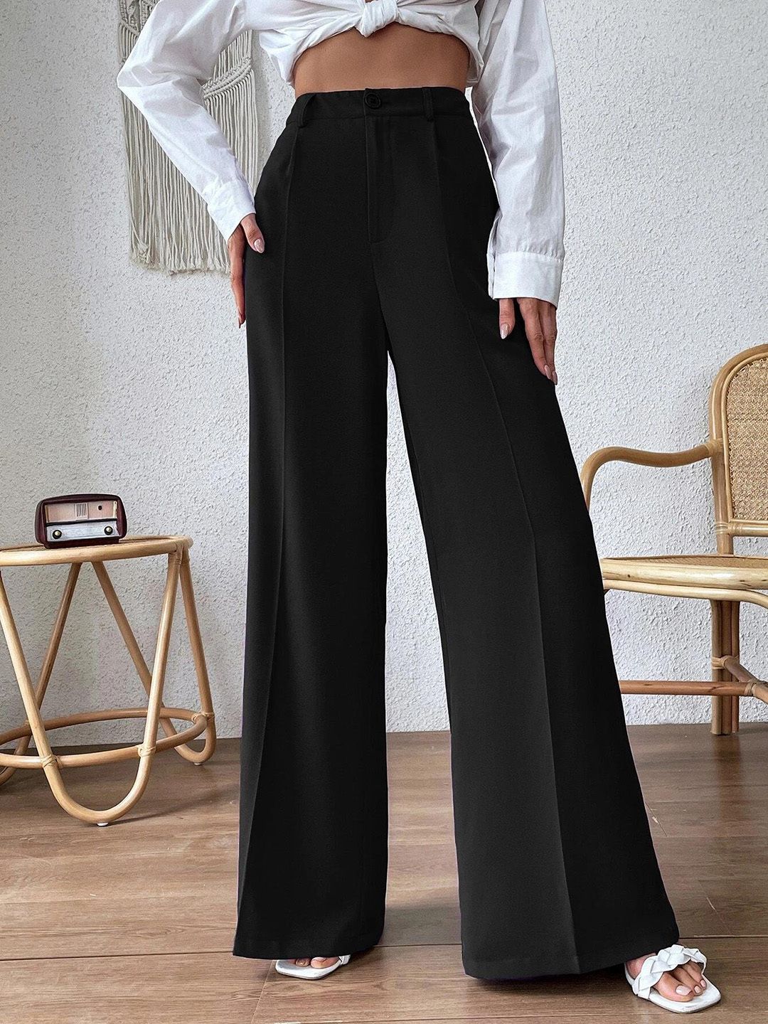 Women Flared Black Viscose Rayon Trousers
