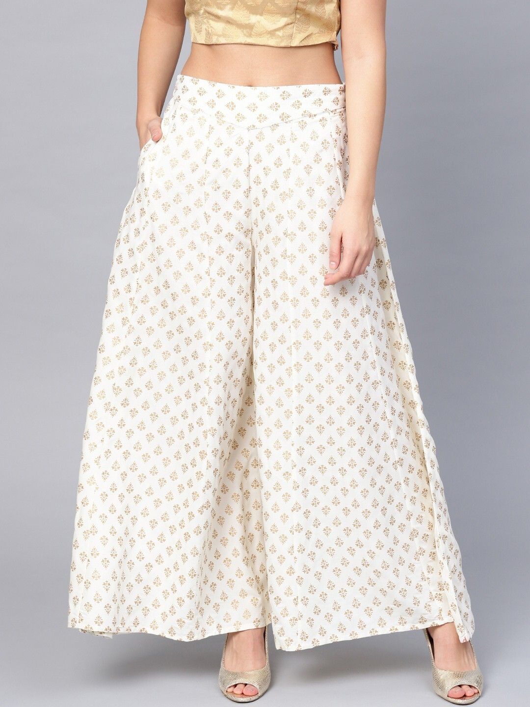 juniper Women Flared White, Gold Viscose Rayon Trousers-picture-14