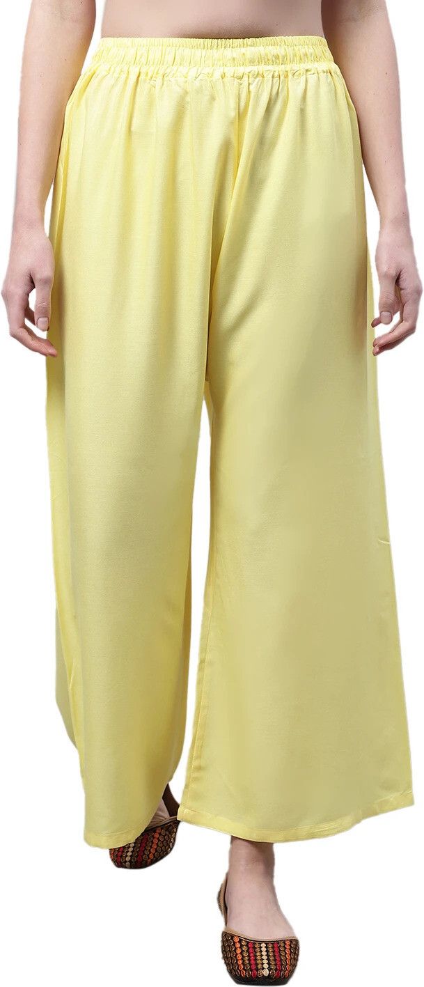 Women Flared Yellow Cotton Blend Trousers-image-29