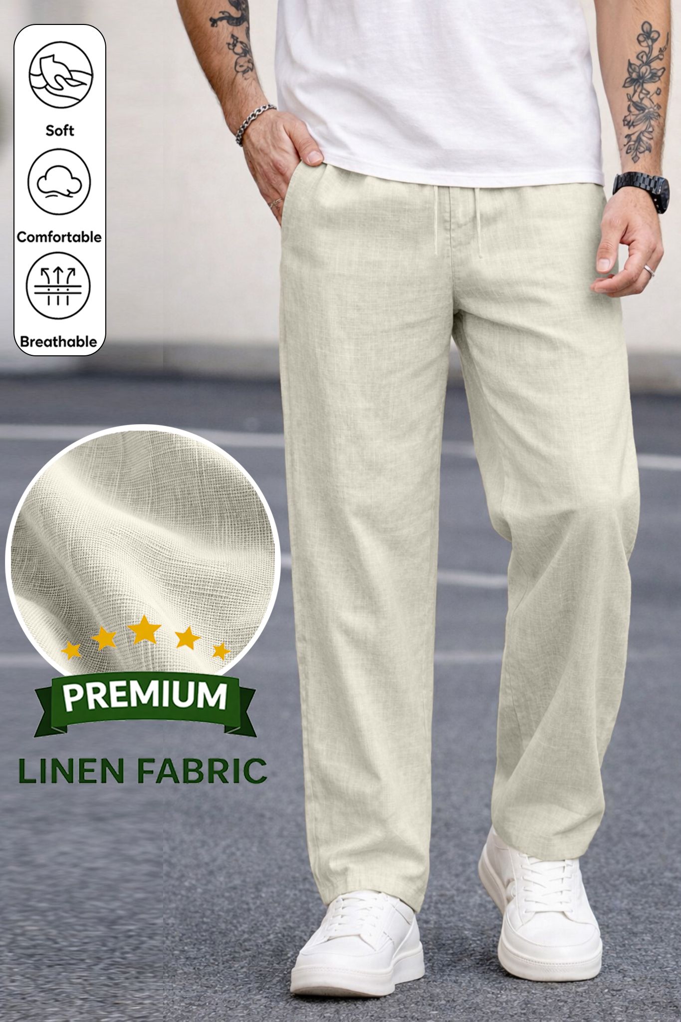 motrex Men Slim Fit White Pure Linen Trousers-picture-15