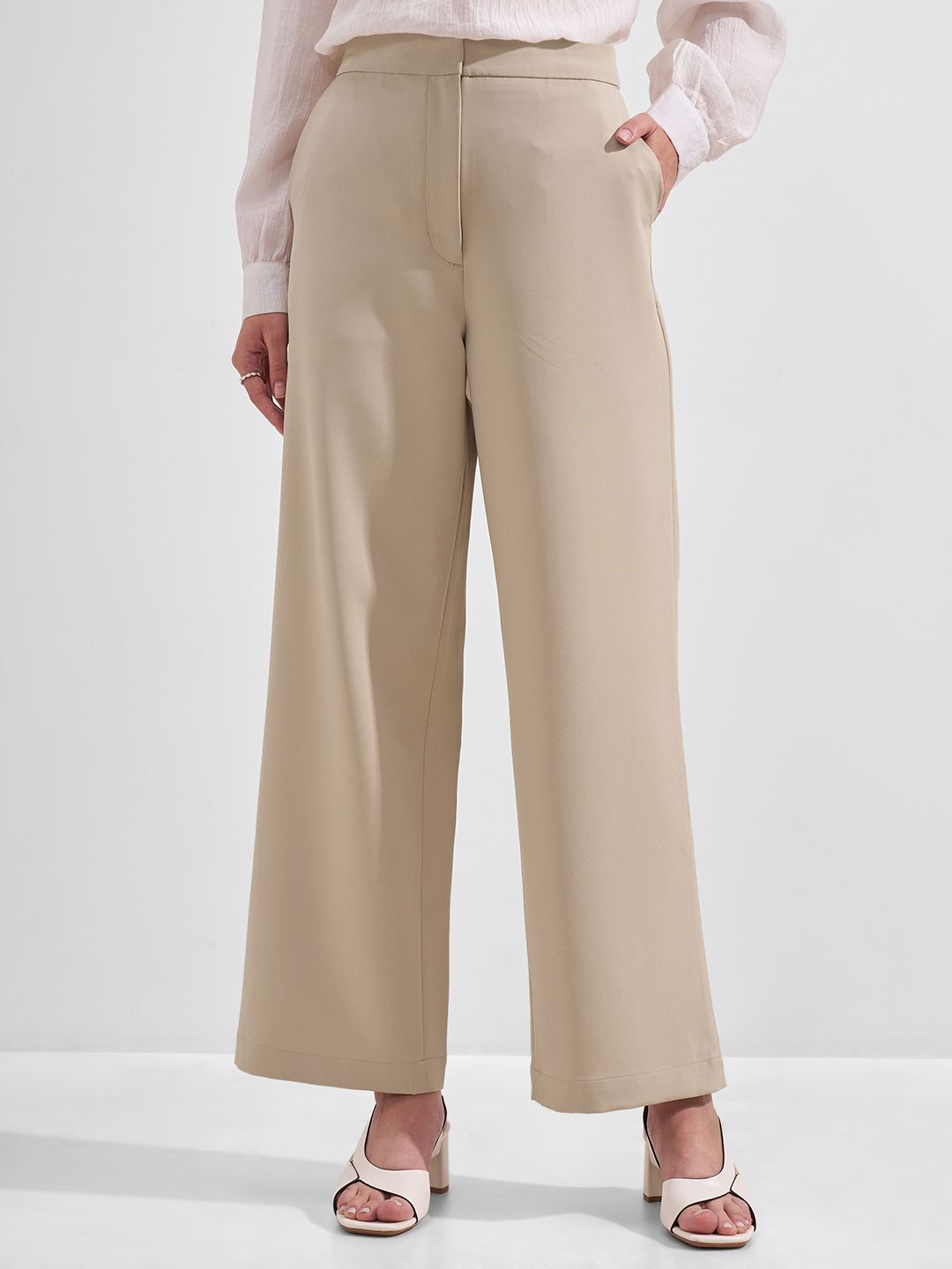 Women Straight Fit Beige Cotton Blend Trousers-image-40
