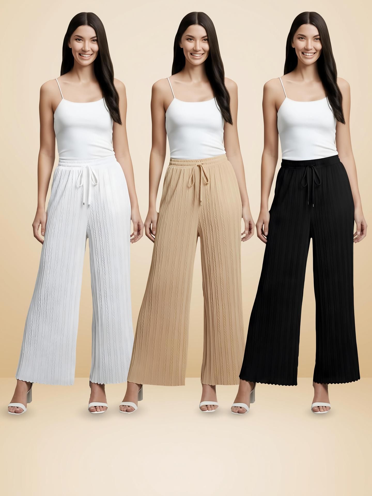 poojaran Pack of 3 Women Loose Fit White, Beige, Black Lycra Blend Trousers-picture-33