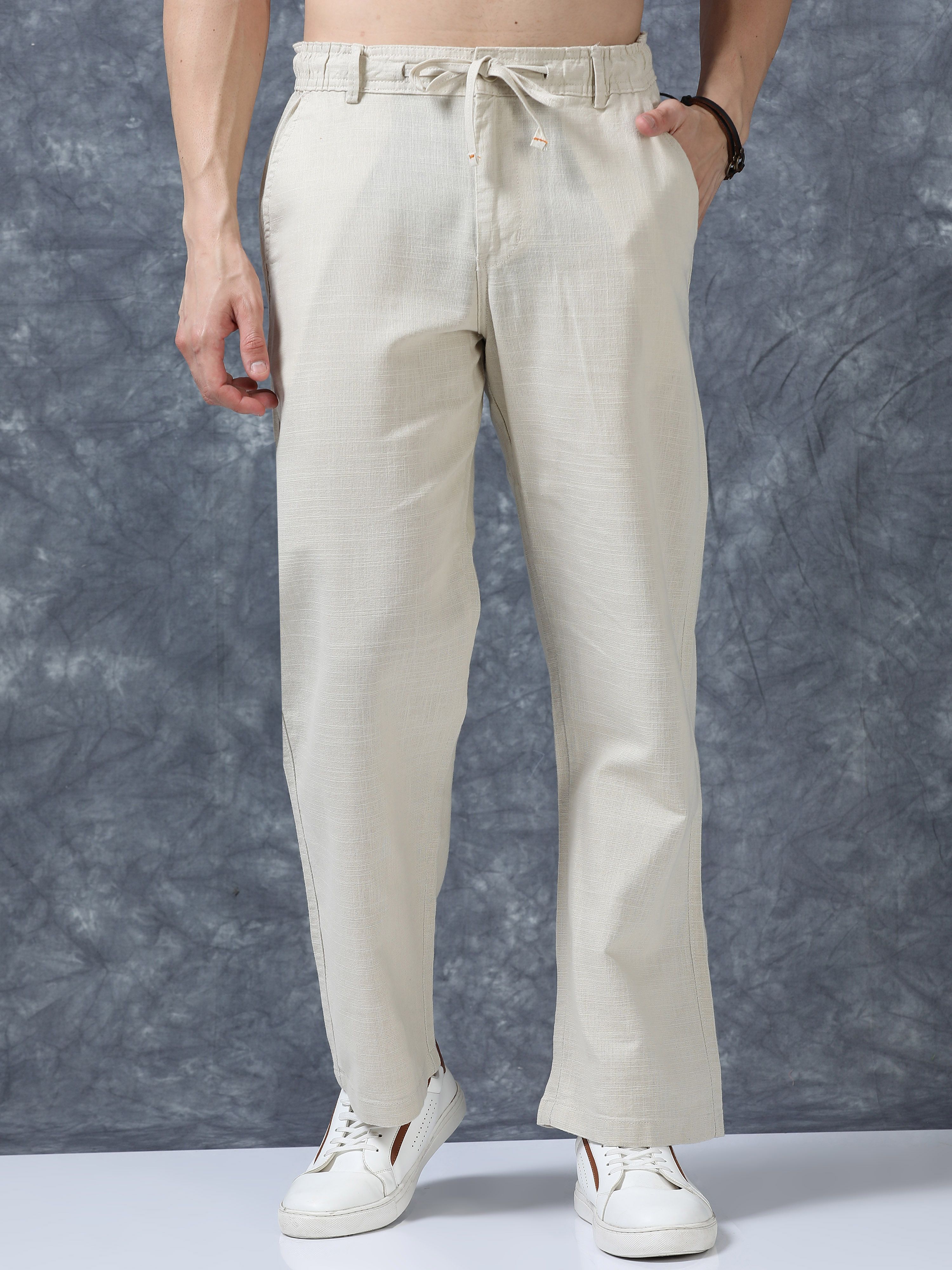 Men Relaxed Cream Pure Linen Trousers-image-2