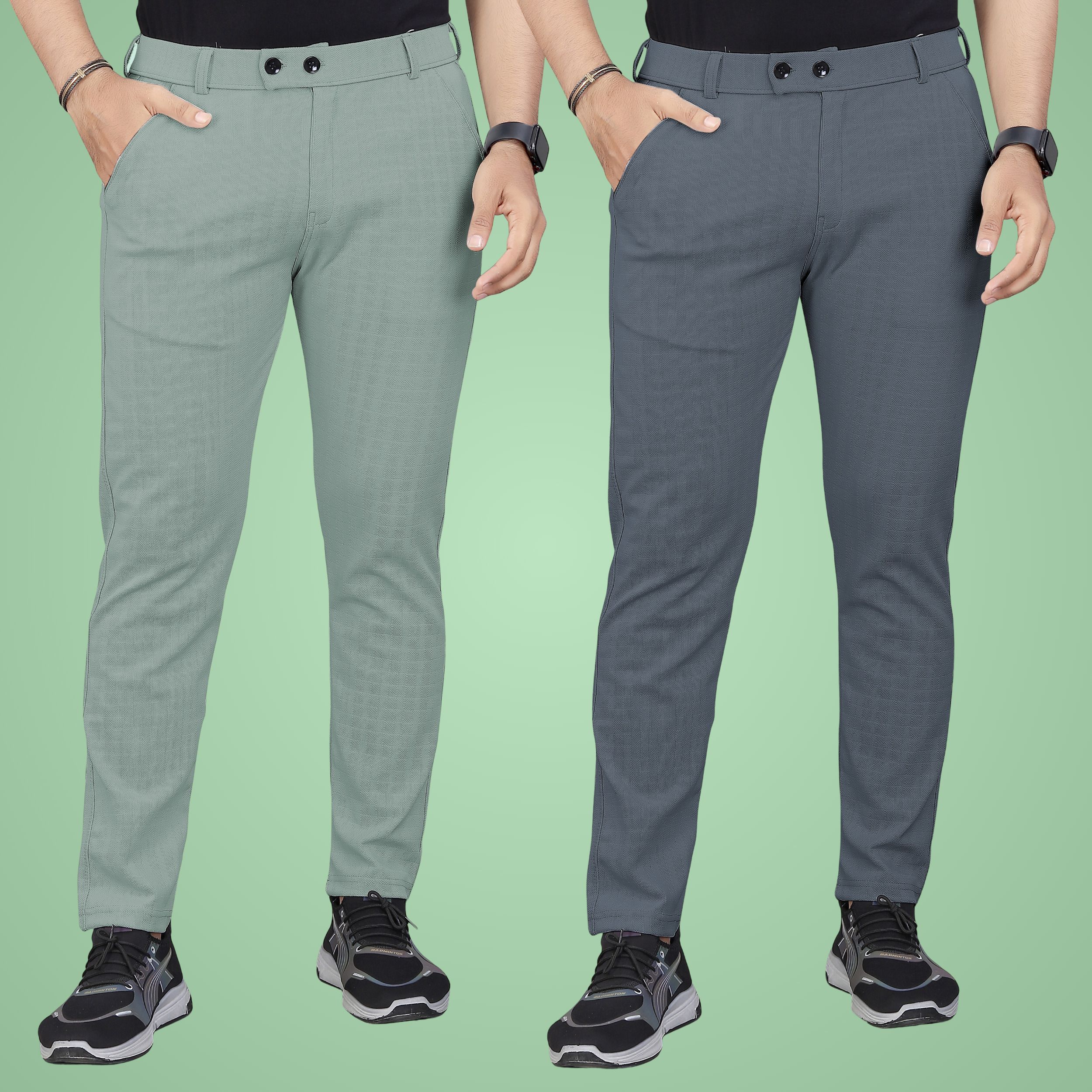 gibbonte Pack of 2 Men Regular Fit Grey, Light Green Cotton Blend Trousers-picture-10
