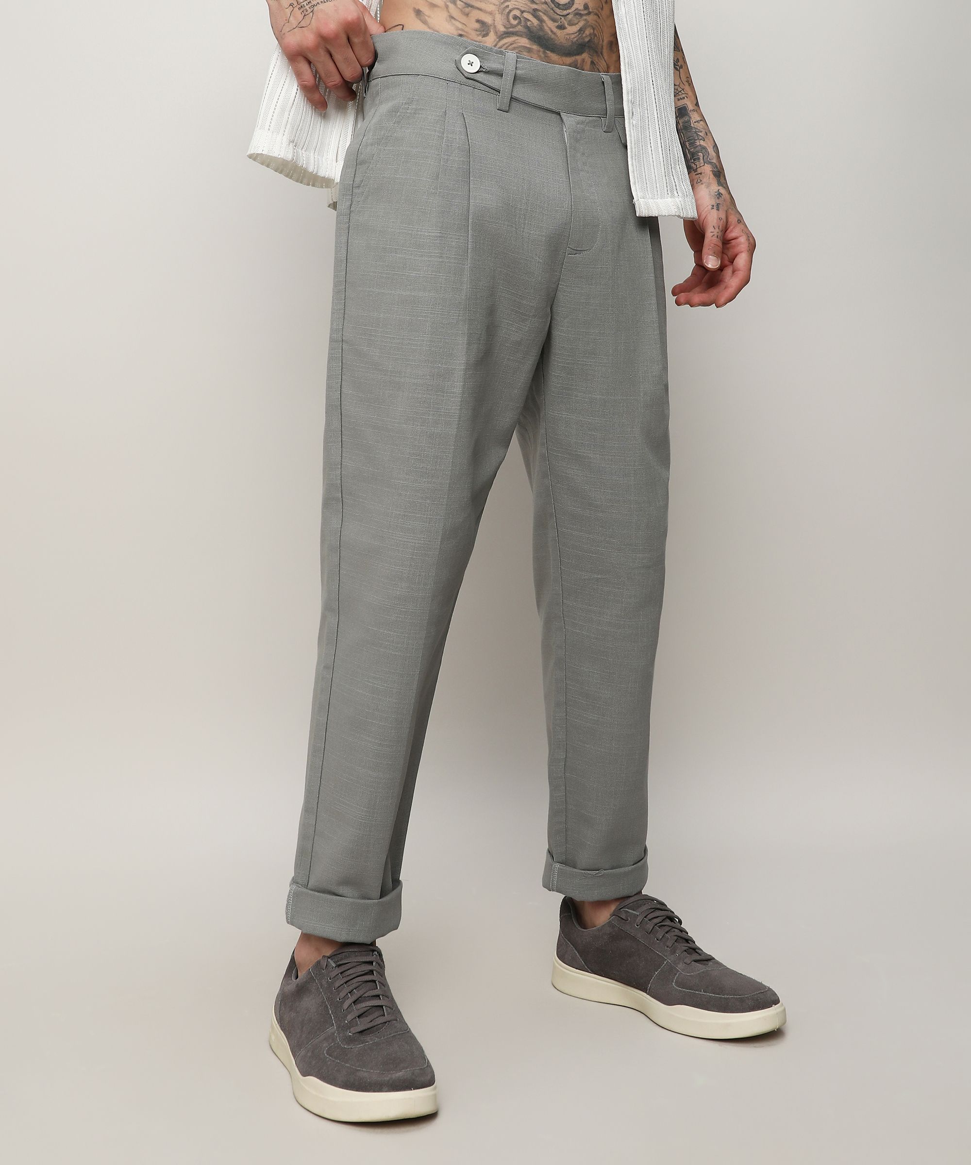 campus sutra Men Regular Fit Grey Pure Cotton Trousers-picture-13