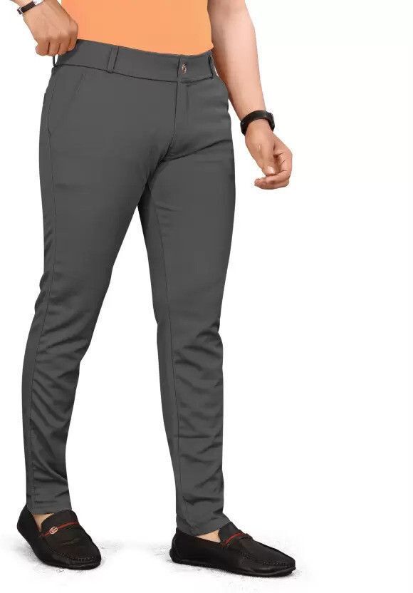Men Slim Fit Grey Lycra Blend Trousers-image-15