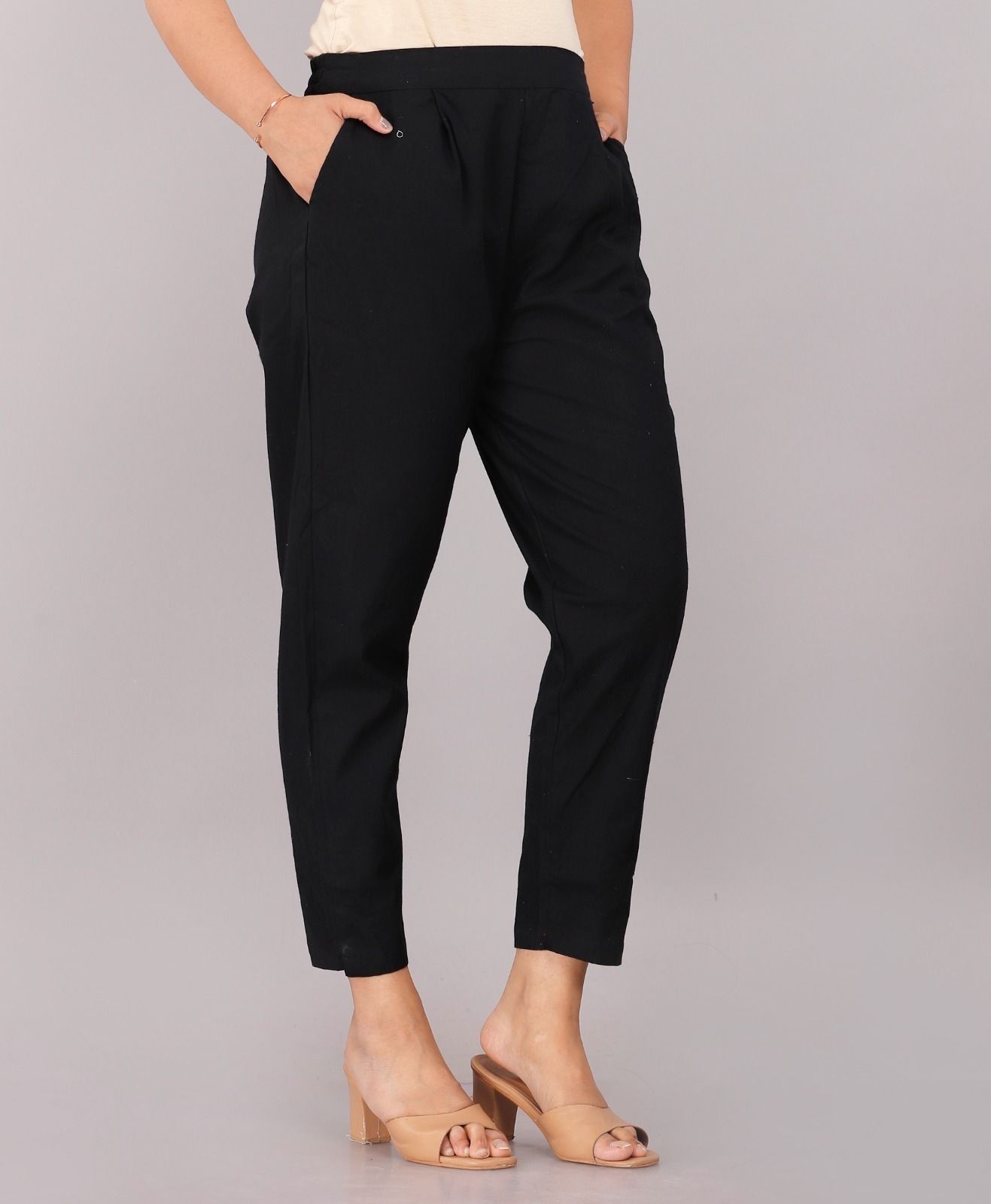 Women Slim Fit Black Cotton Blend Trousers-image-16