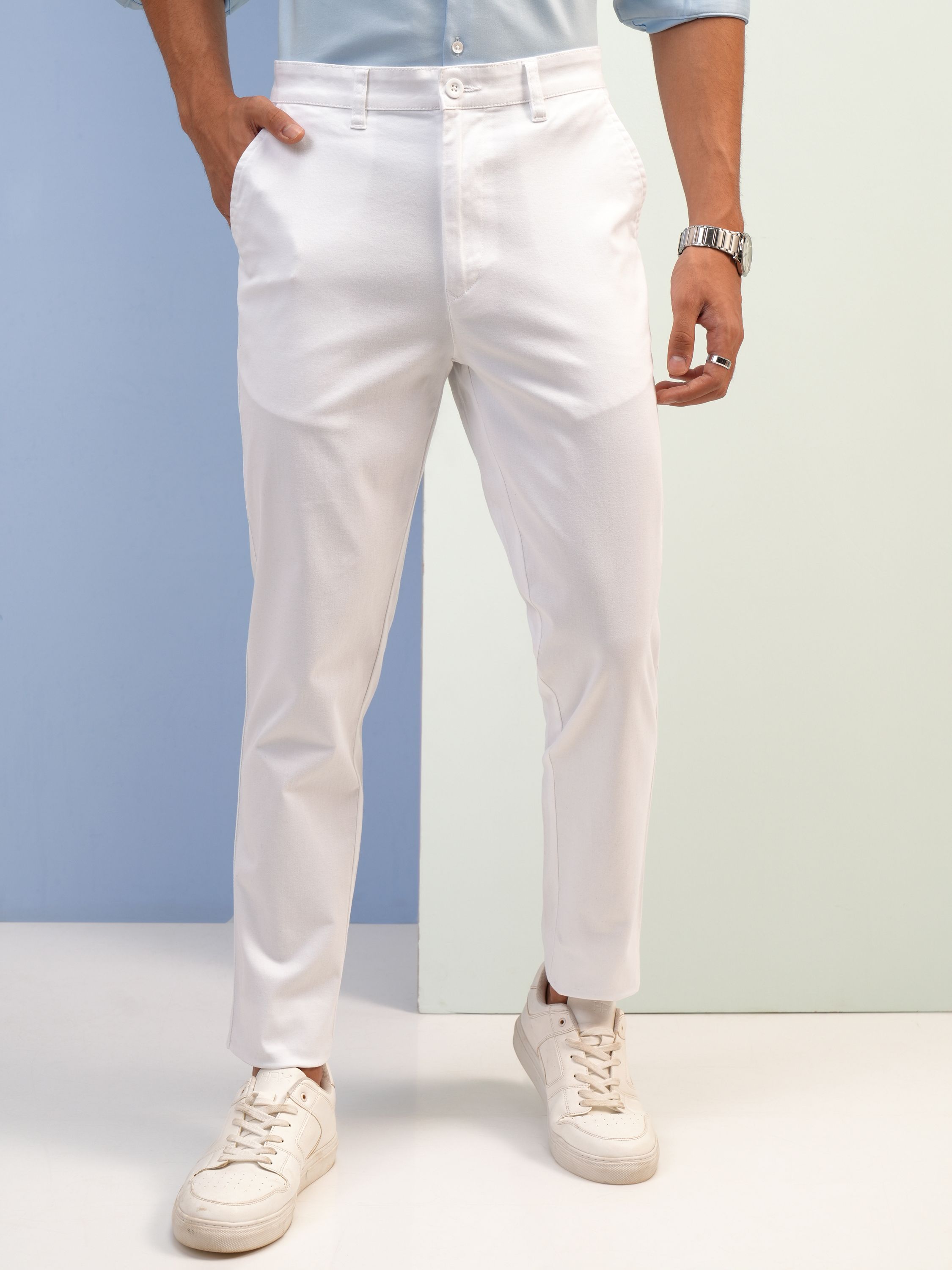 highlander Men Tapered White Cotton Blend Trousers-picture-47