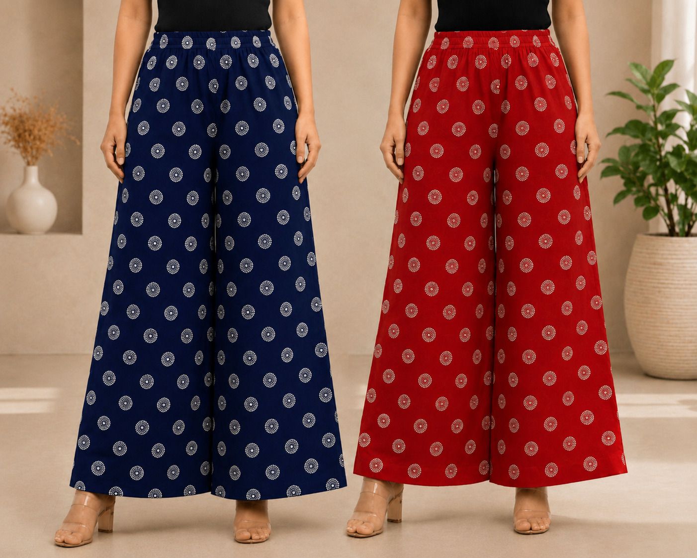 oura enterprise Pack of 2 Women Flared, Loose Fit Blue, Red Viscose Rayon Trousers-picture-18