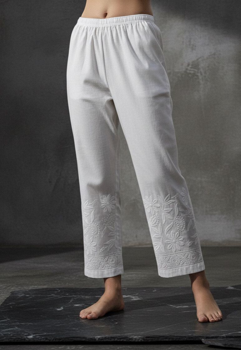 Women Loose Fit White Cotton Blend Trousers-image-9
