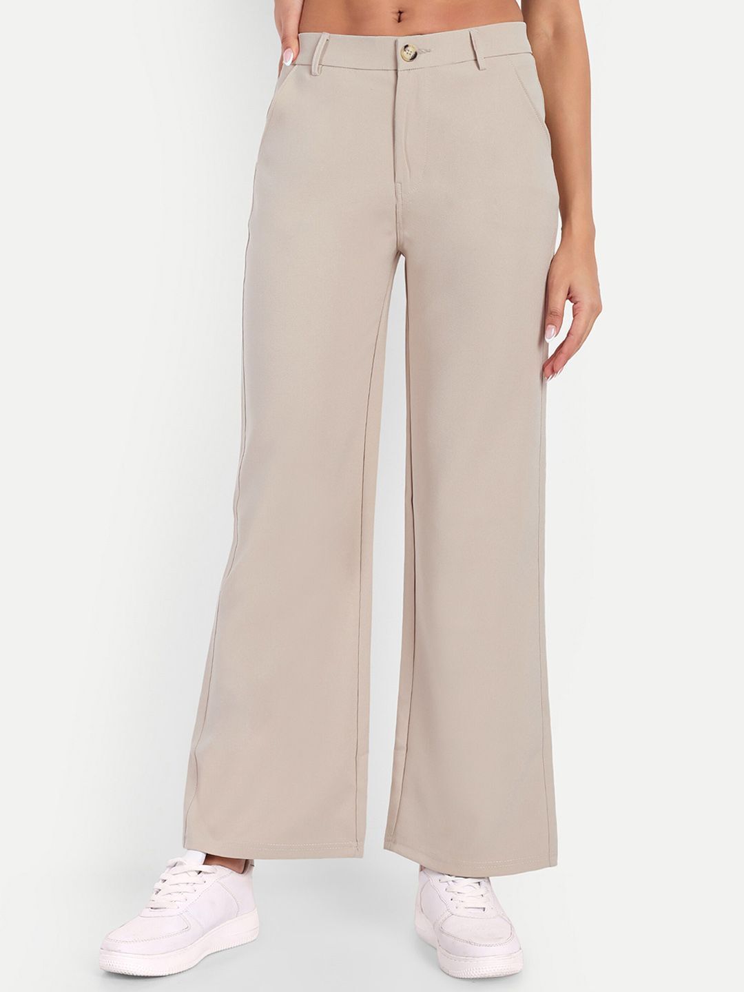 Women Loose Fit Beige Cotton Blend Trousers-image-7