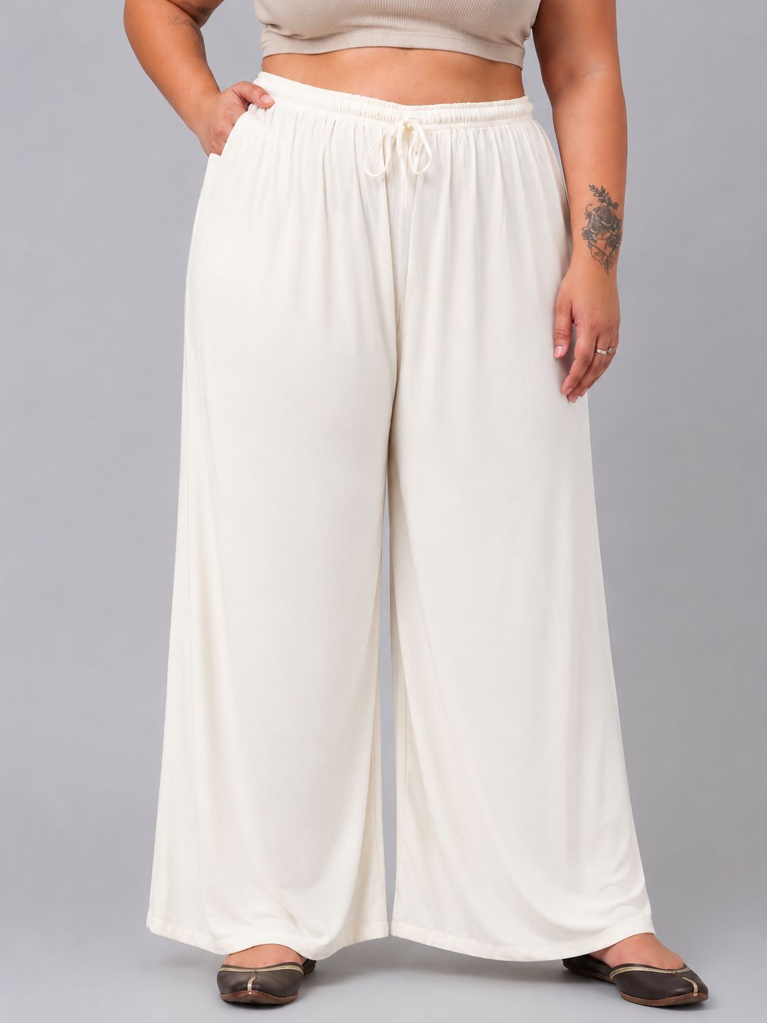 trend level Women Loose Fit Cream Viscose Rayon Trousers-picture-6