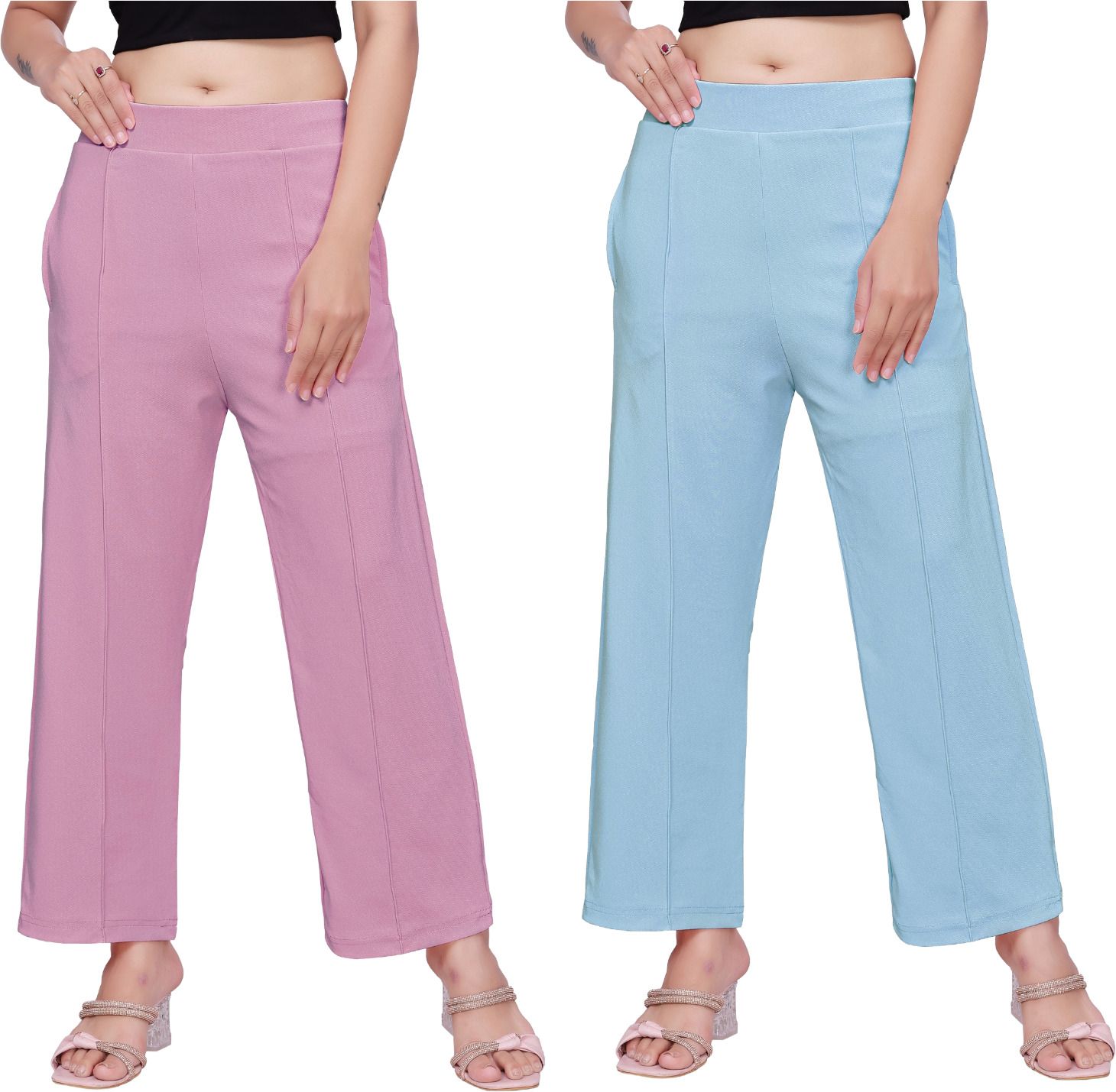 Pack of 2 Women Comfort Fit Multicolor Cotton Blend Trousers-image-27