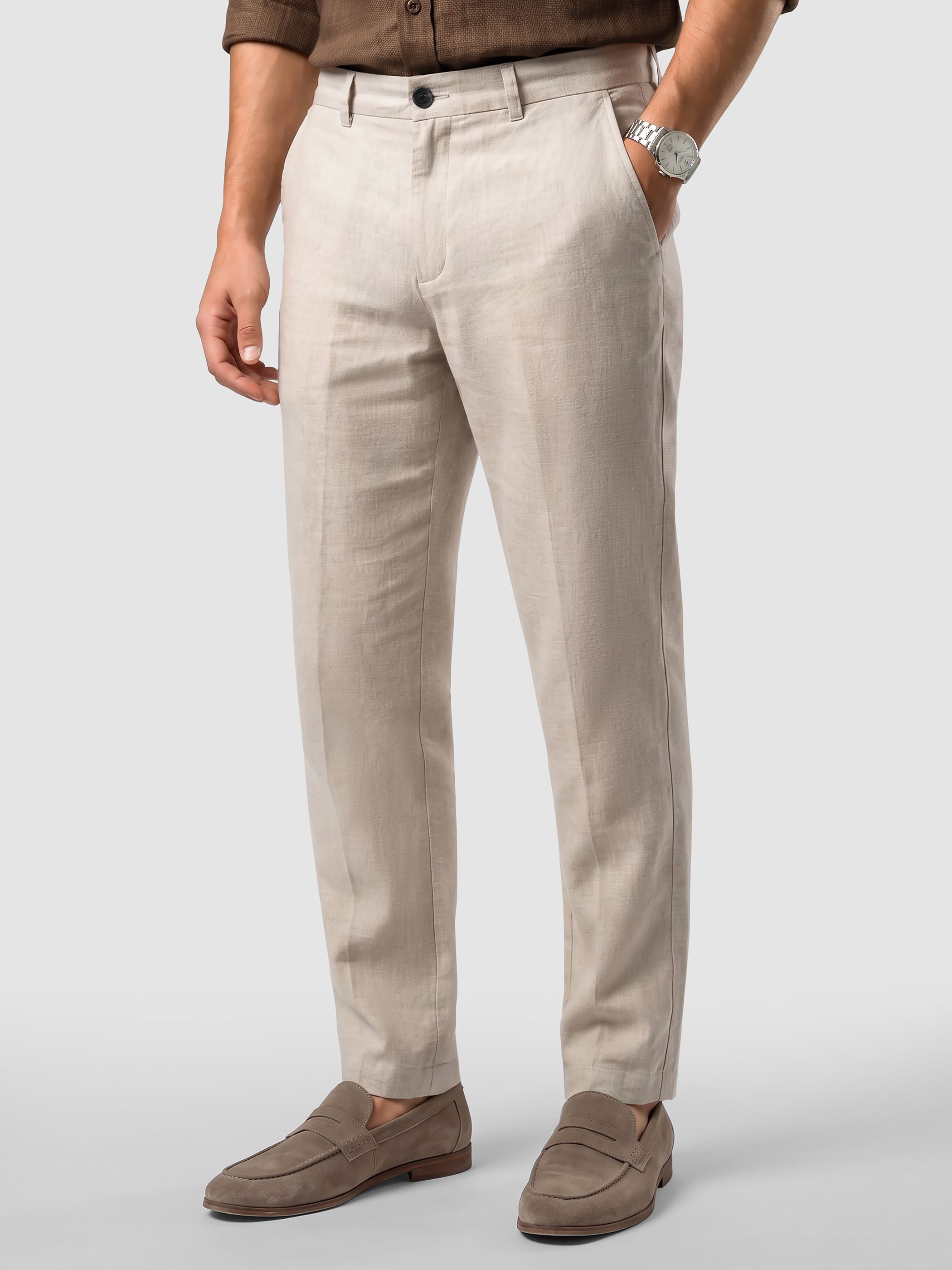 Men Straight Fit Beige Pure Cotton Trousers-image-44