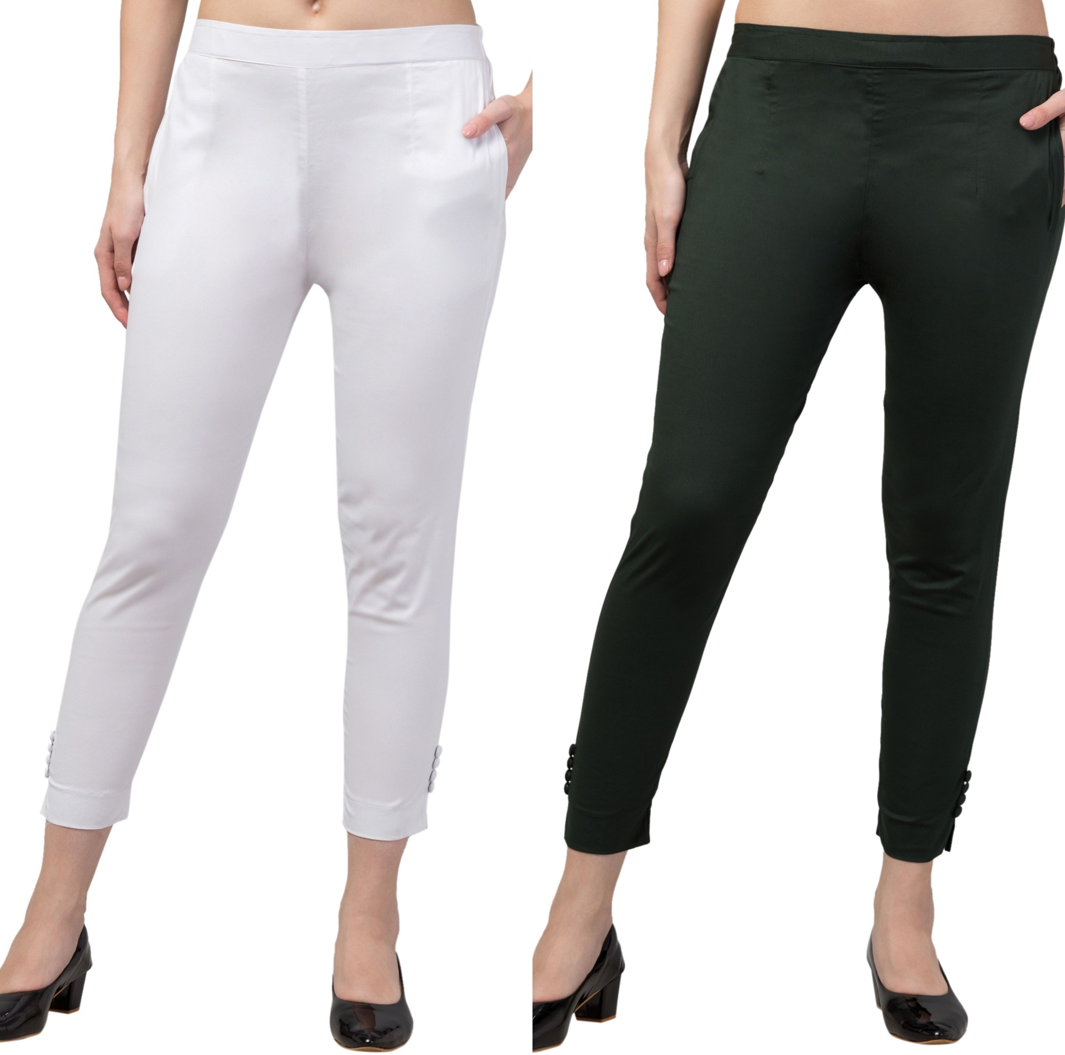 hookspiin Pack of 2 Women Regular Fit White, Green Cotton Blend Trousers-picture-36