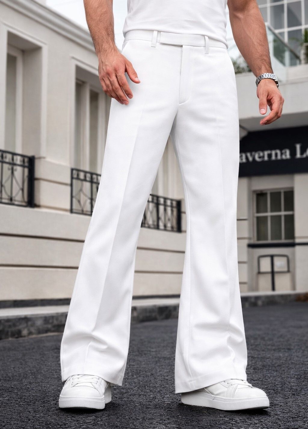 plus91 Men Flared White Lycra Blend Trousers-picture-13