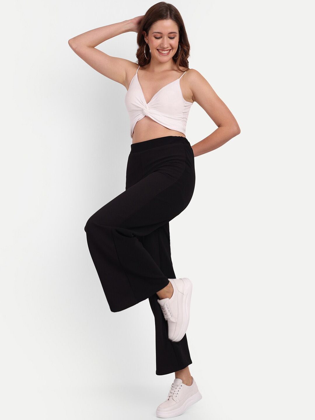 Women Loose Fit Black Polyester Trousers-image-0