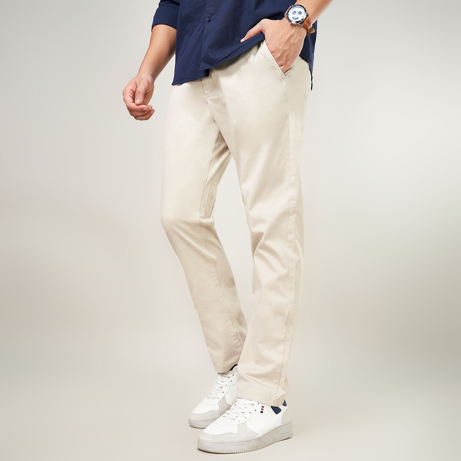 Men Slim Fit White Cotton Blend Trousers