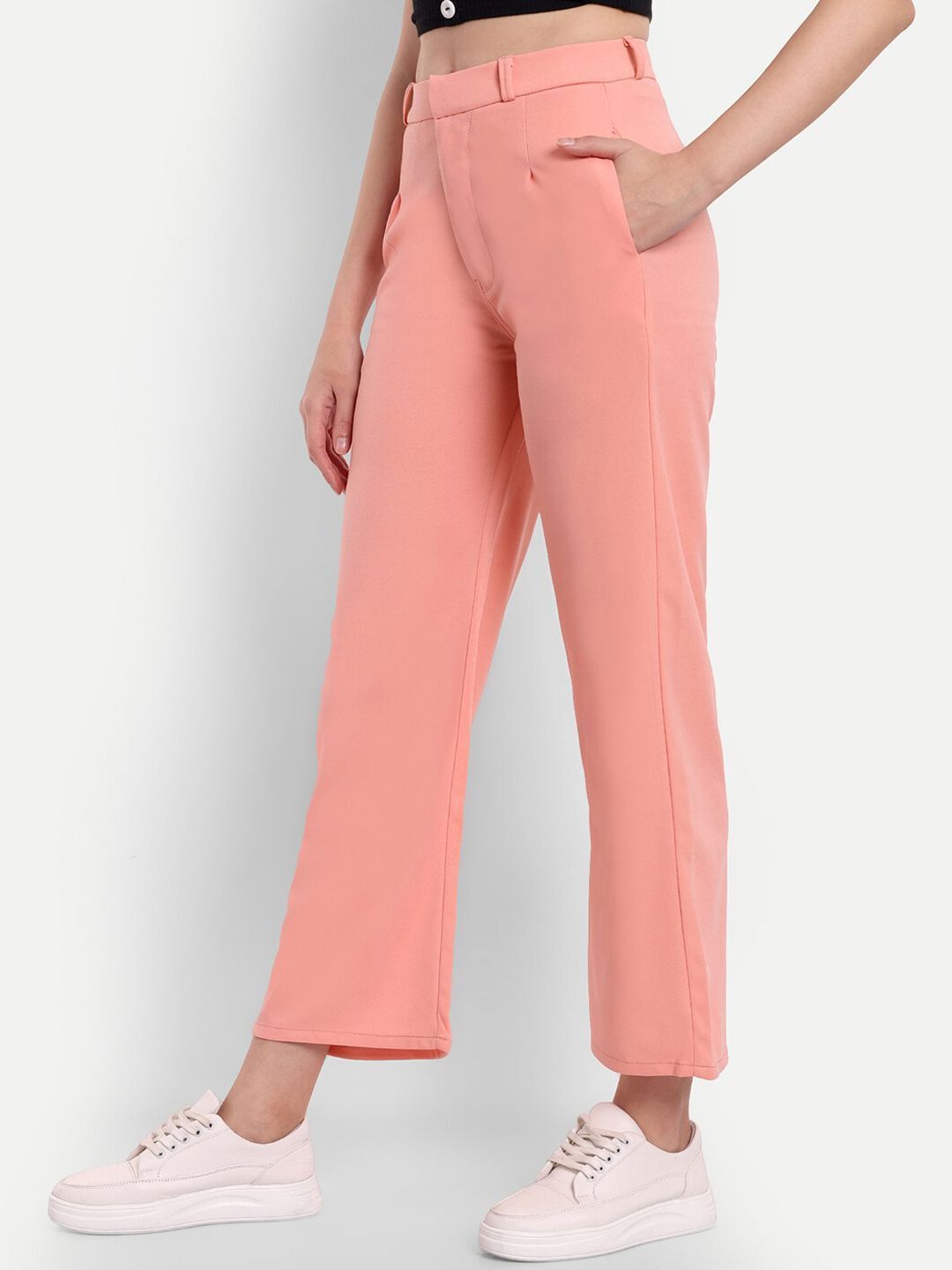 Women Straight Fit Orange Polyester Trousers-image-3