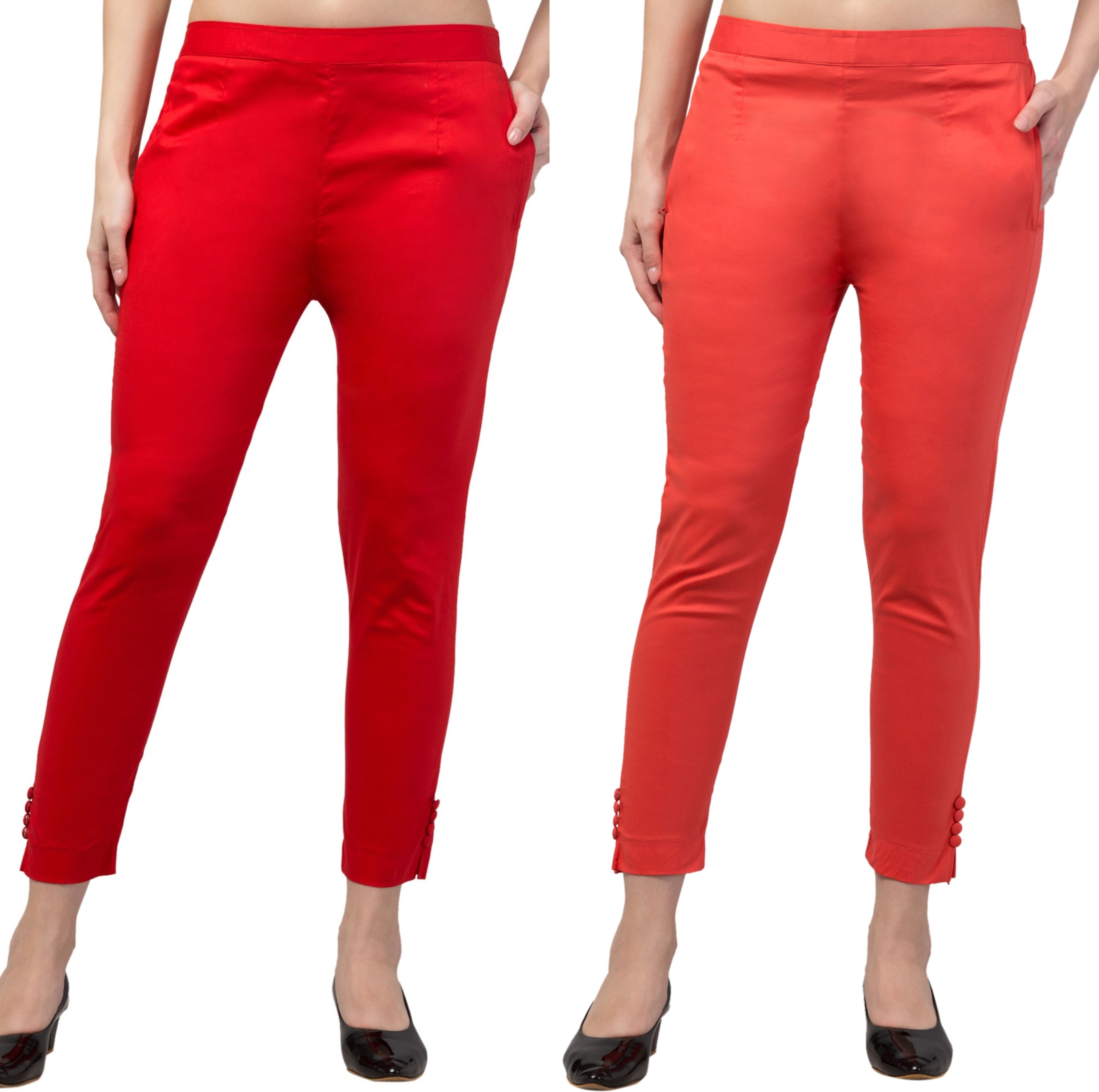 Pack of 2 Women Regular Fit Red, Red Cotton Blend Trousers-image-35