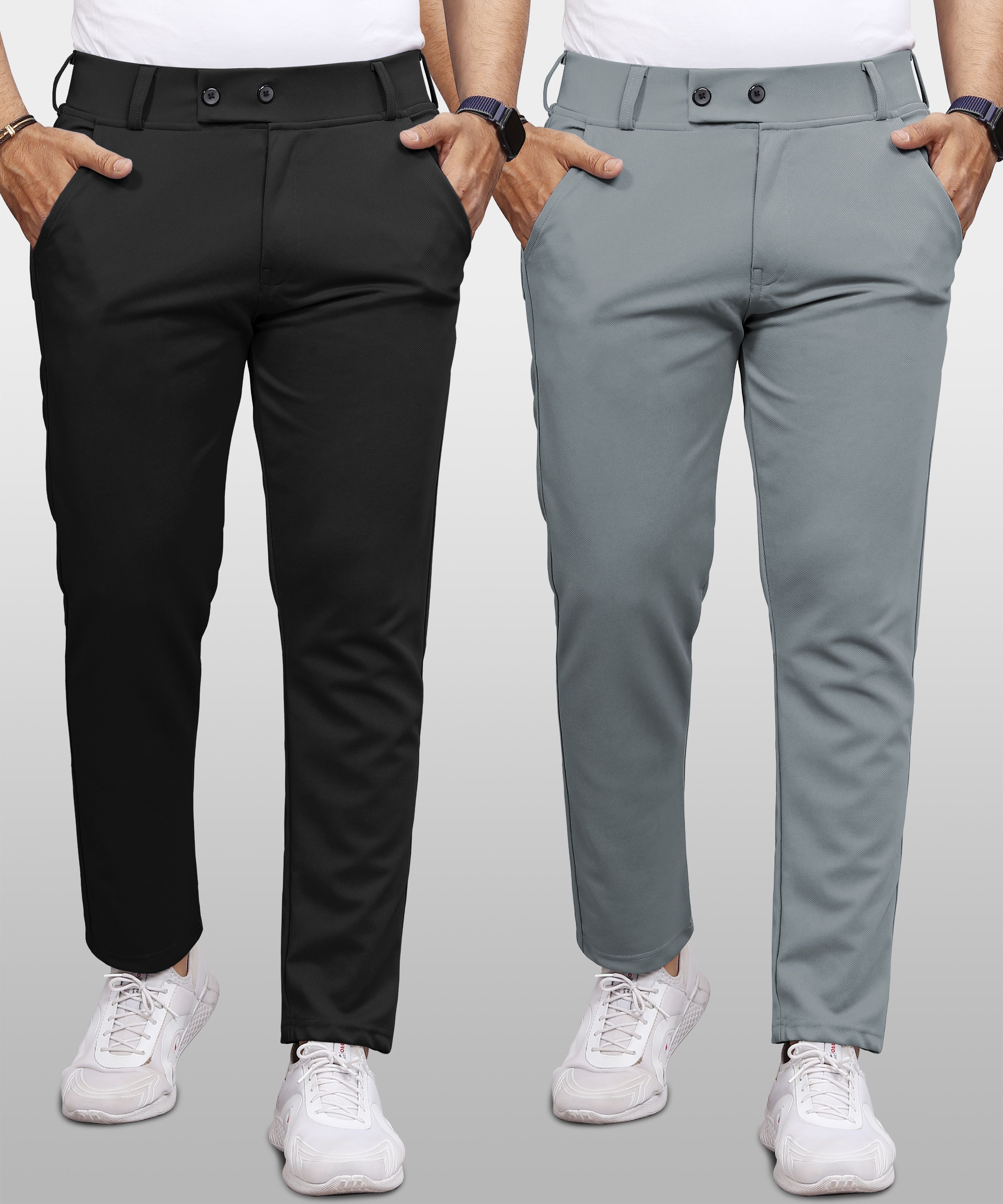 vebnor Pack of 2 Men Regular Fit Black, Grey Lycra Blend Trousers-picture-13