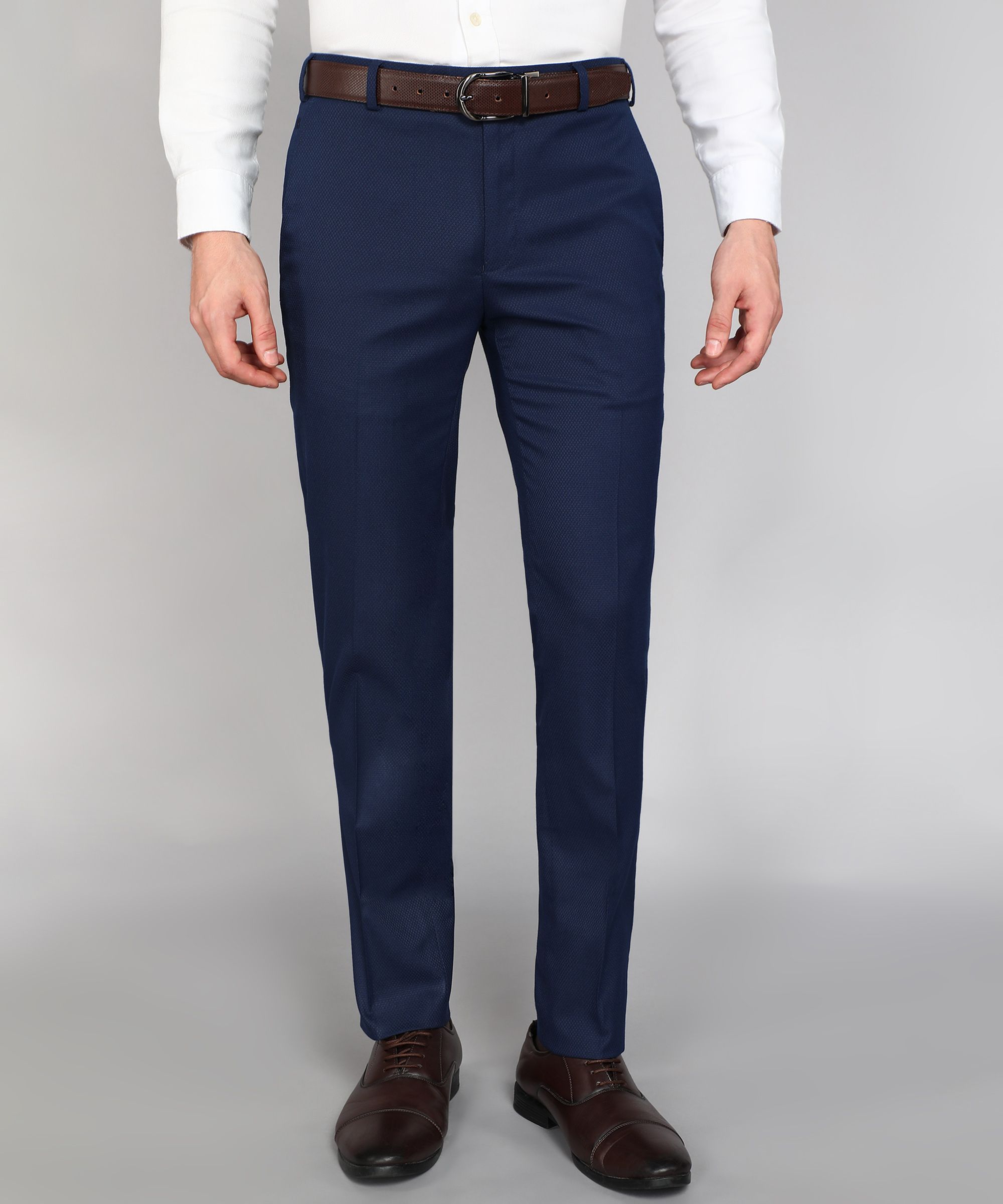 Men Slim Fit Dark Blue Polyester Trousers-image-40