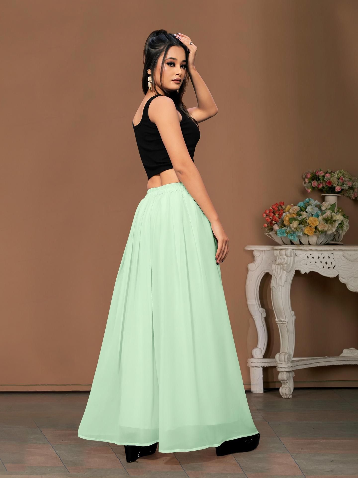 Women Flared Light Green Georgette Trousers-image-2