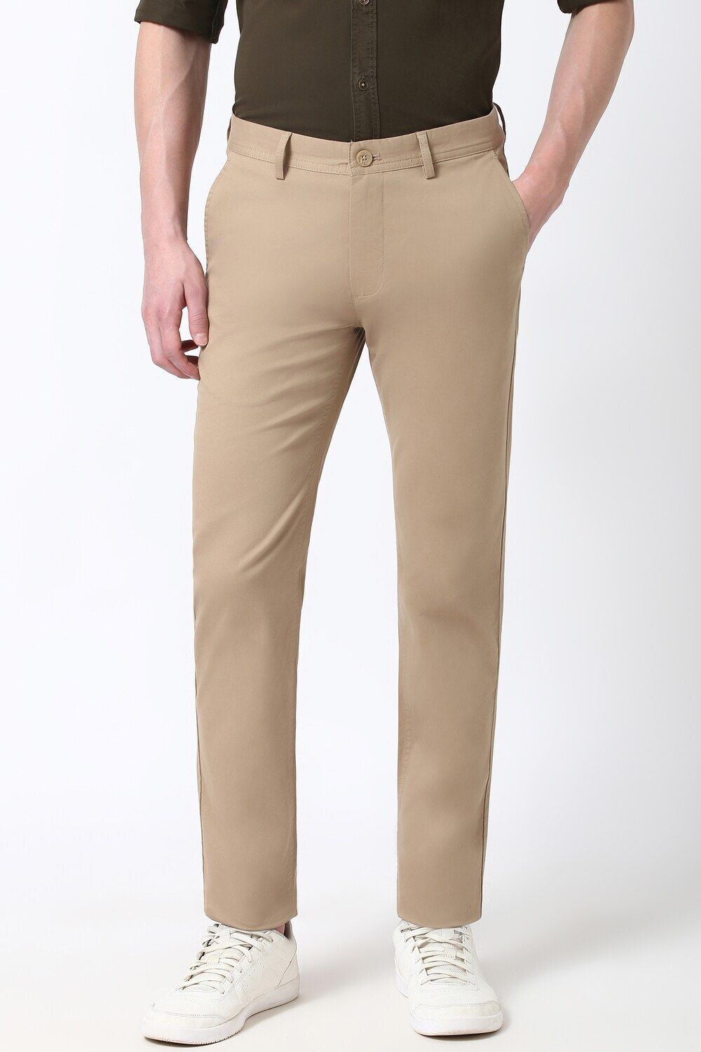 peter england Men Slim Fit Beige Cotton Blend Trousers-picture-12