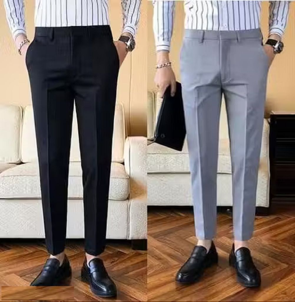 Men Slim Fit Black, Grey Polycotton Trousers-image-25