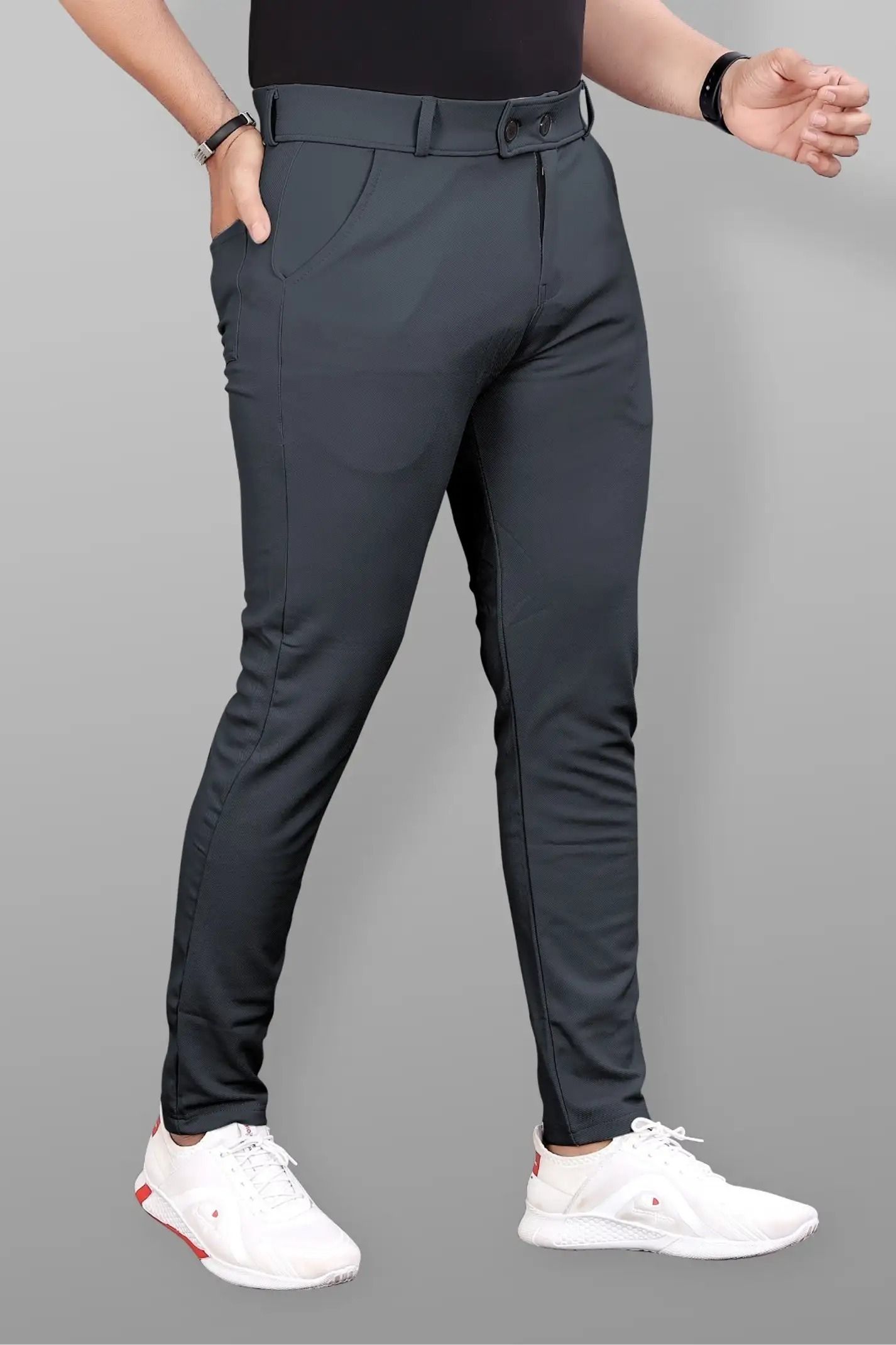Men Slim Fit Grey Lycra Blend Trousers-image-14