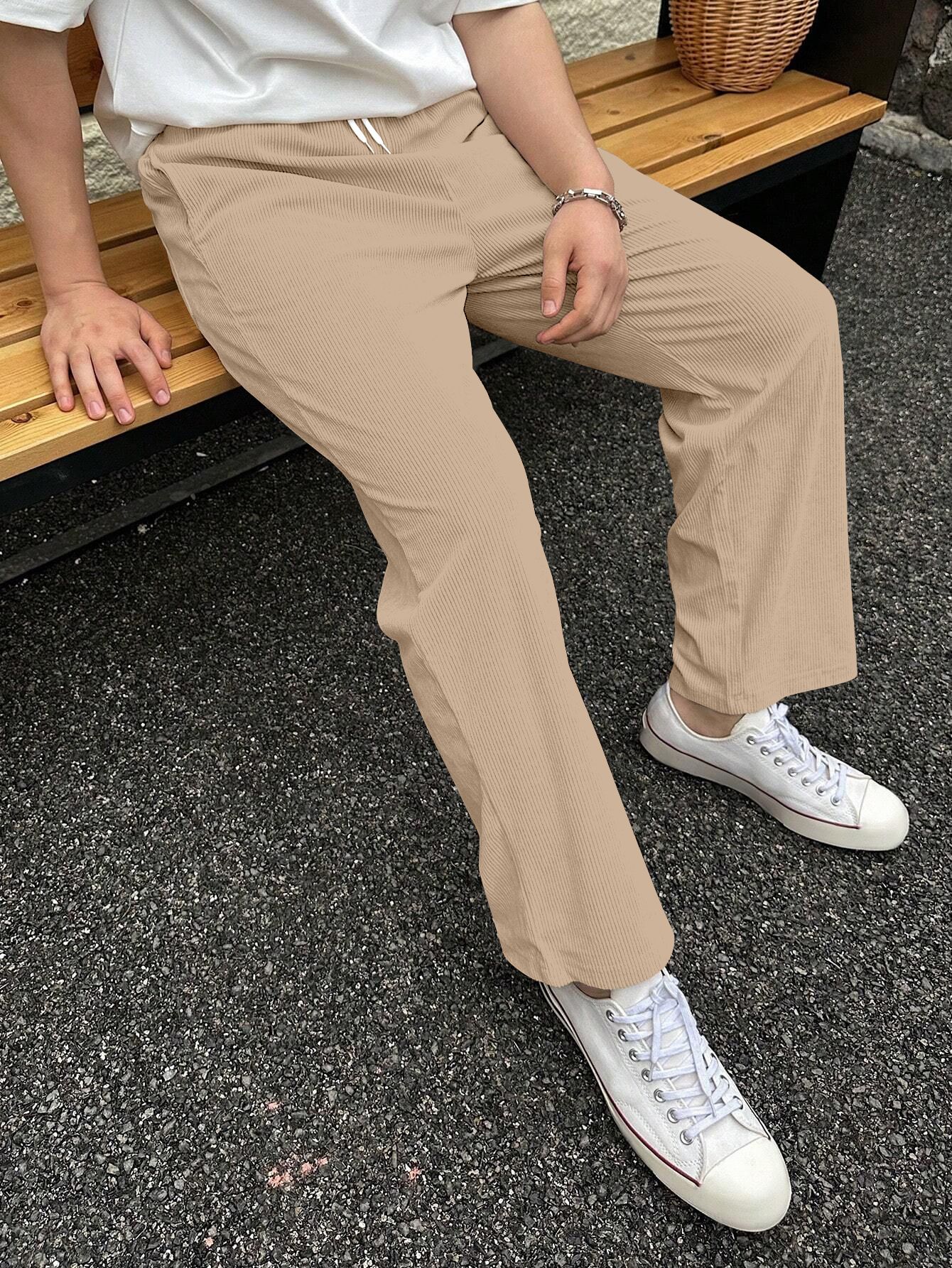 Men Loose Fit Beige Corduroy Trousers