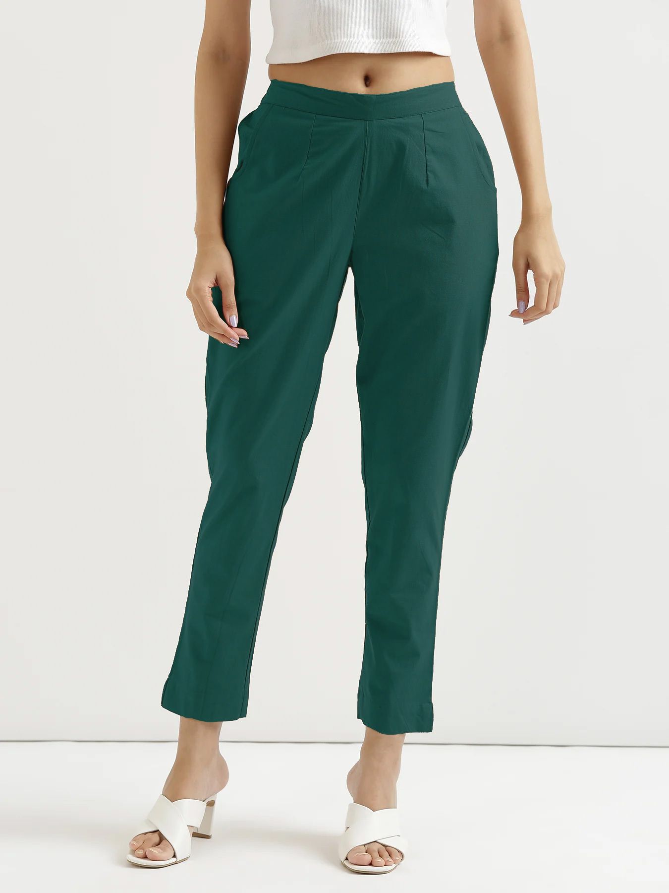 Women Regular Fit Dark Green Pure Cotton Trousers-image-9