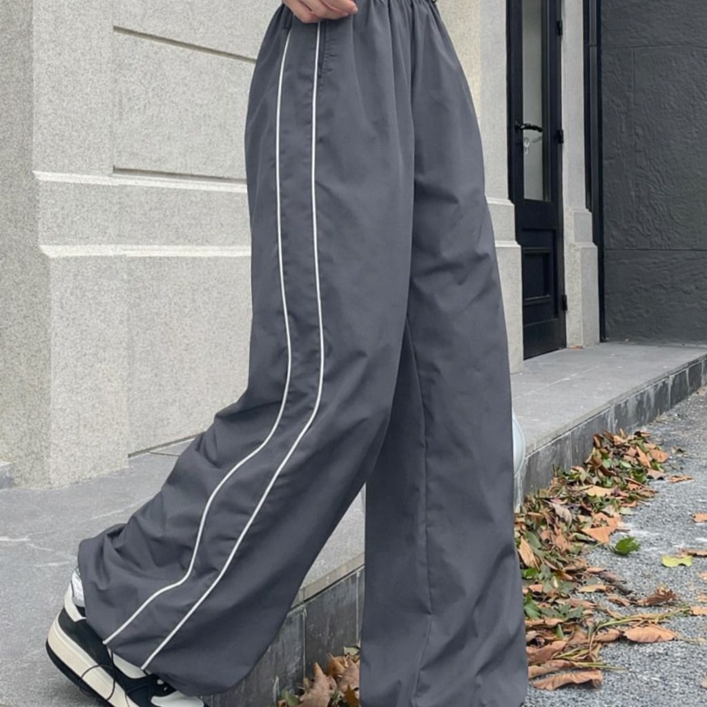 Women Loose Fit Grey Cotton Blend Trousers