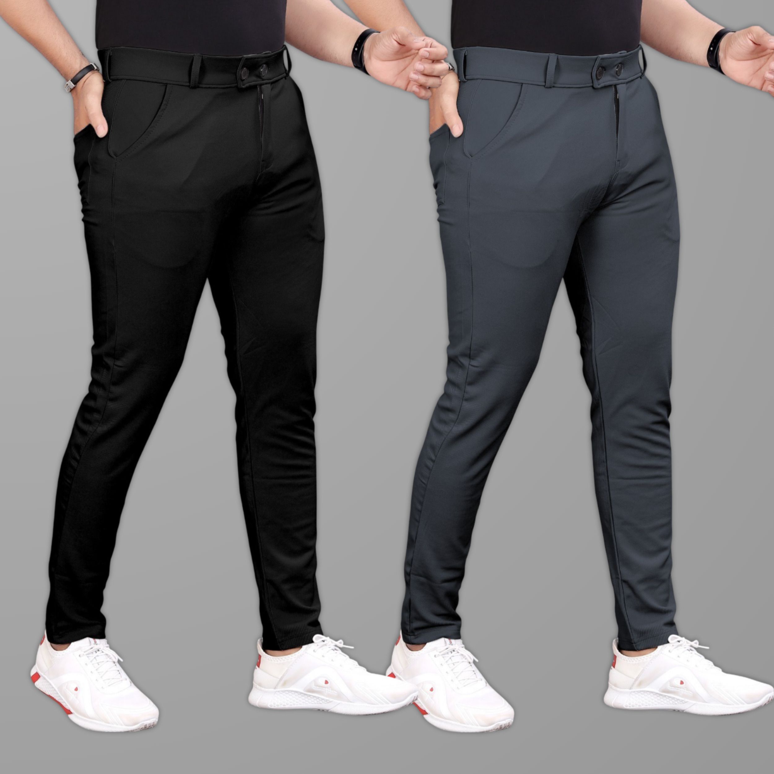 gibbonte Pack of 2 Men Slim Fit Black, Grey Lycra Blend Trousers-picture-25