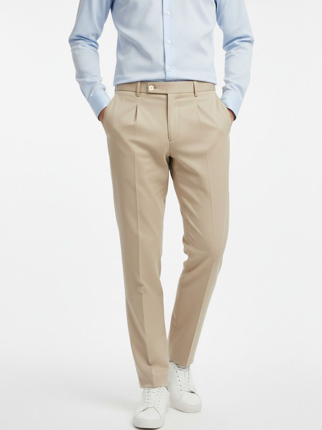 Men Regular Fit Cream Pure Cotton Trousers-image-0