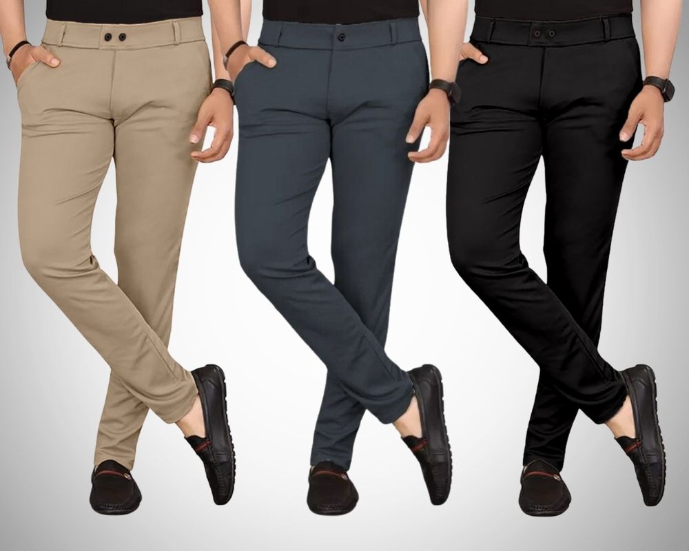 chartou Pack of 3 Men Regular Fit Multicolor Lycra Blend Trousers-picture-17