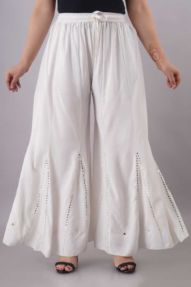 Women Flared White Cotton Blend Trousers