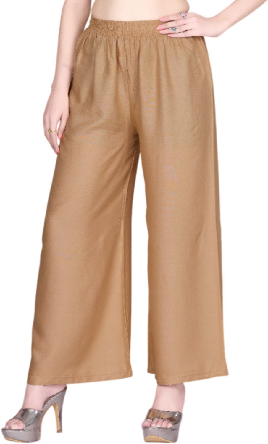 Women Flared Beige Viscose Rayon Trousers