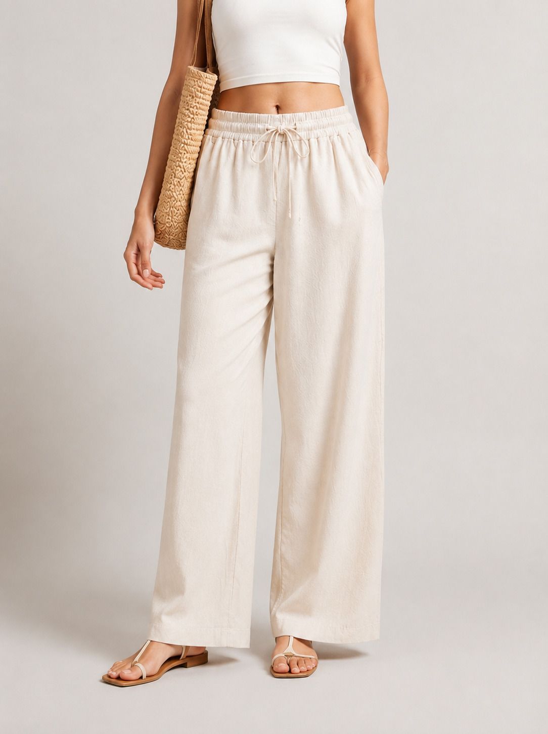 Women Loose Fit, Relaxed Beige Linen Blend Trousers-image-35