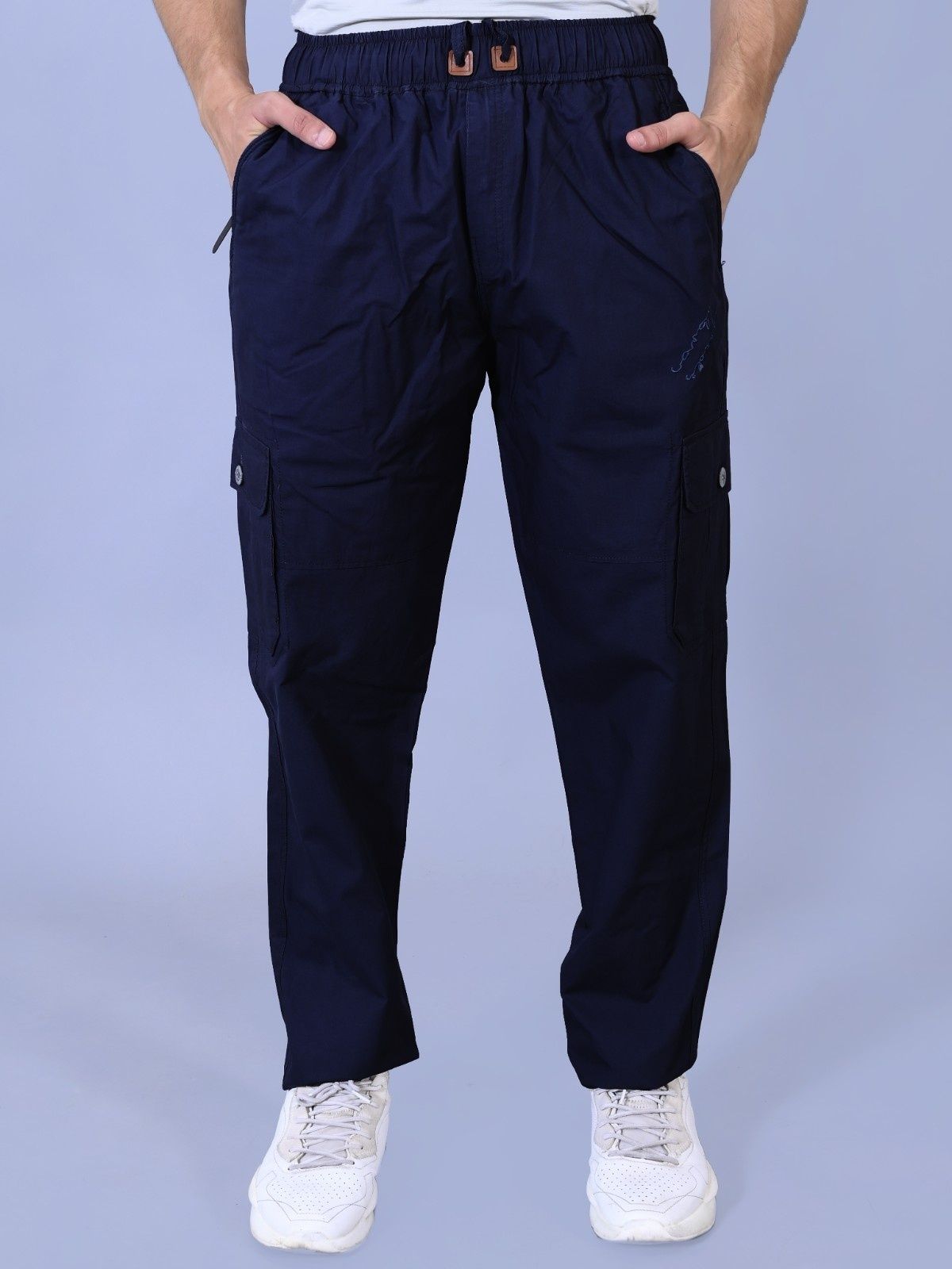 Men Regular Fit Dark Blue Cotton Blend Trousers-image-4