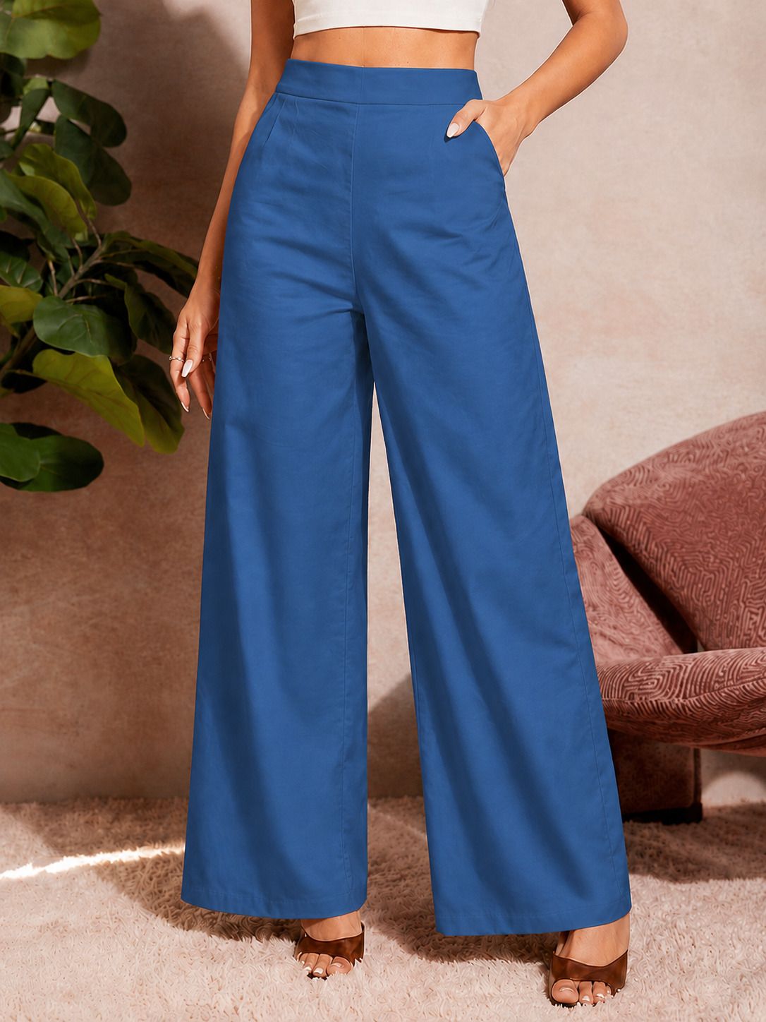Women Regular Fit Dark Blue Pure Cotton Trousers-image-37
