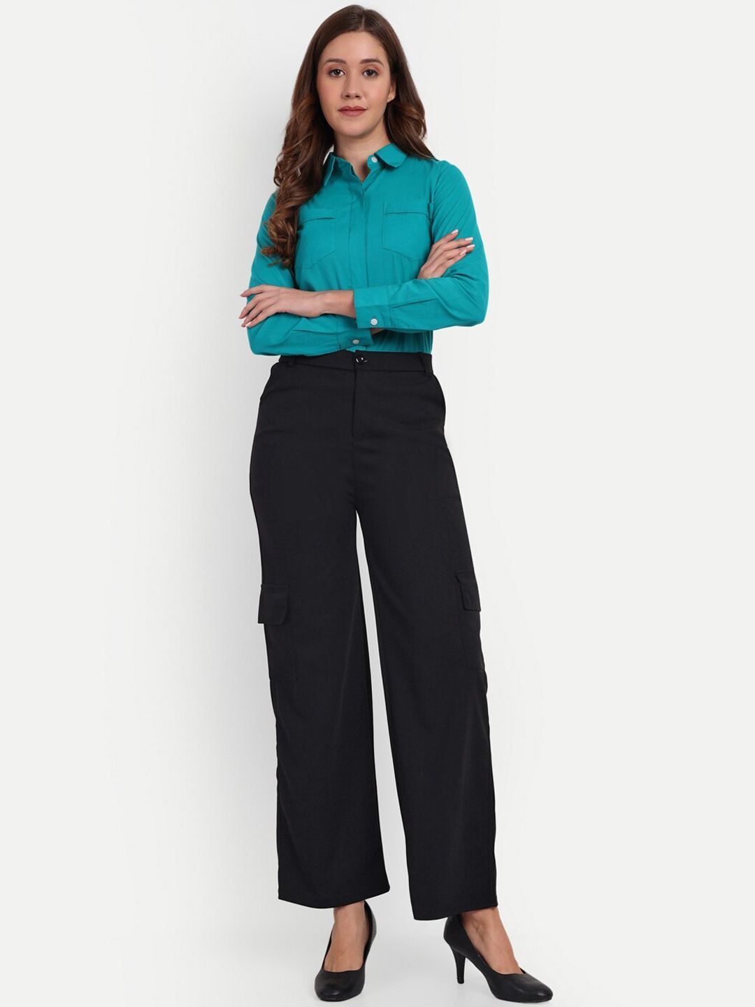 Women Loose Fit Black Lycra Blend Trousers-image-38