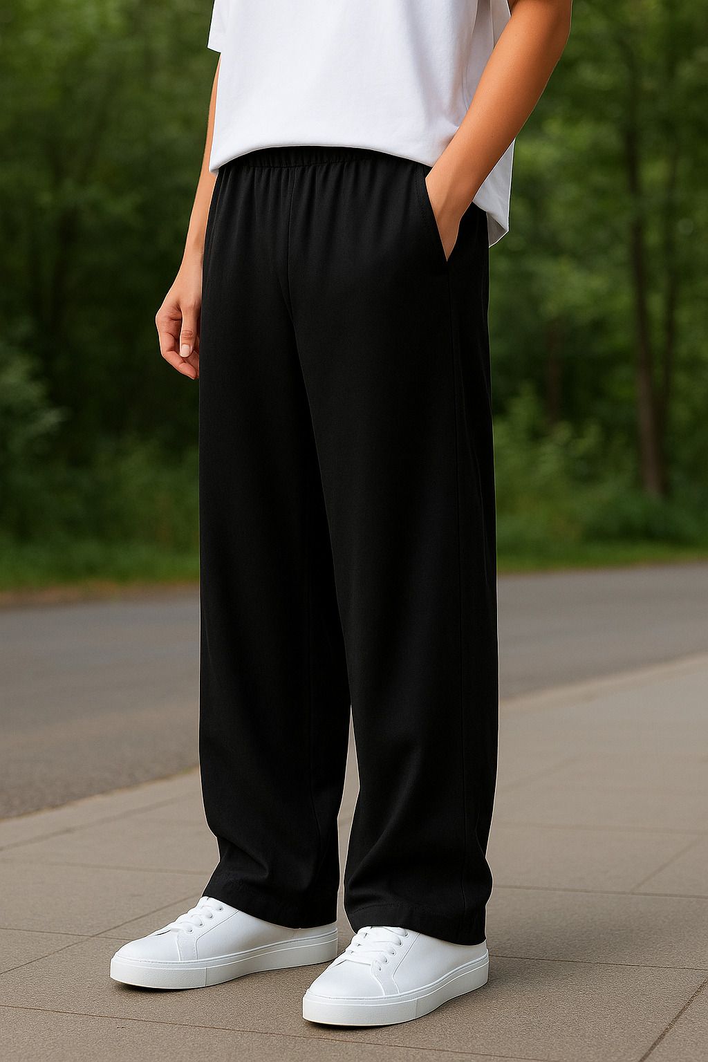 Men Straight Fit Black Lycra Blend Trousers