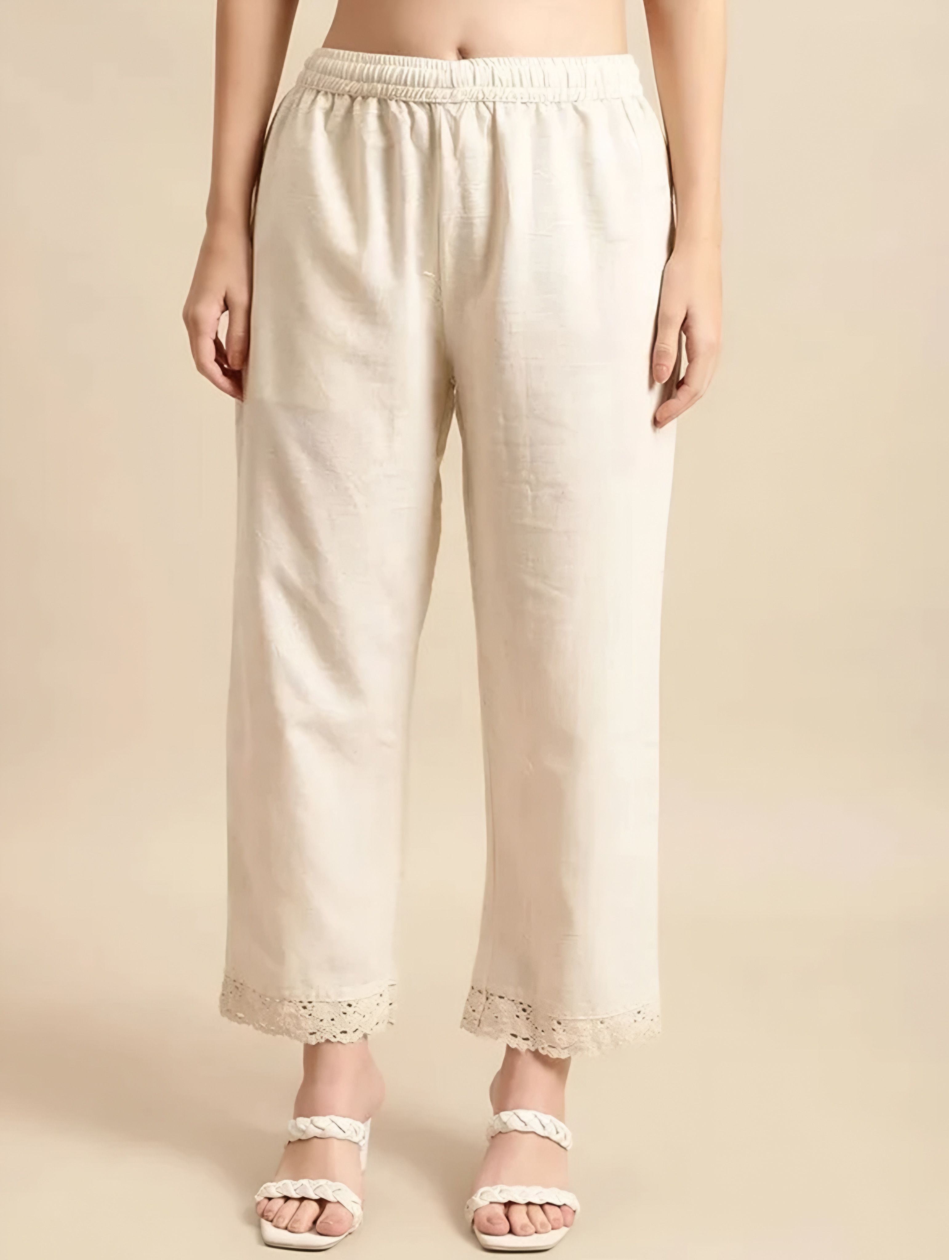 hunaiza Women Loose Fit Cream Cotton Blend Trousers-picture-21